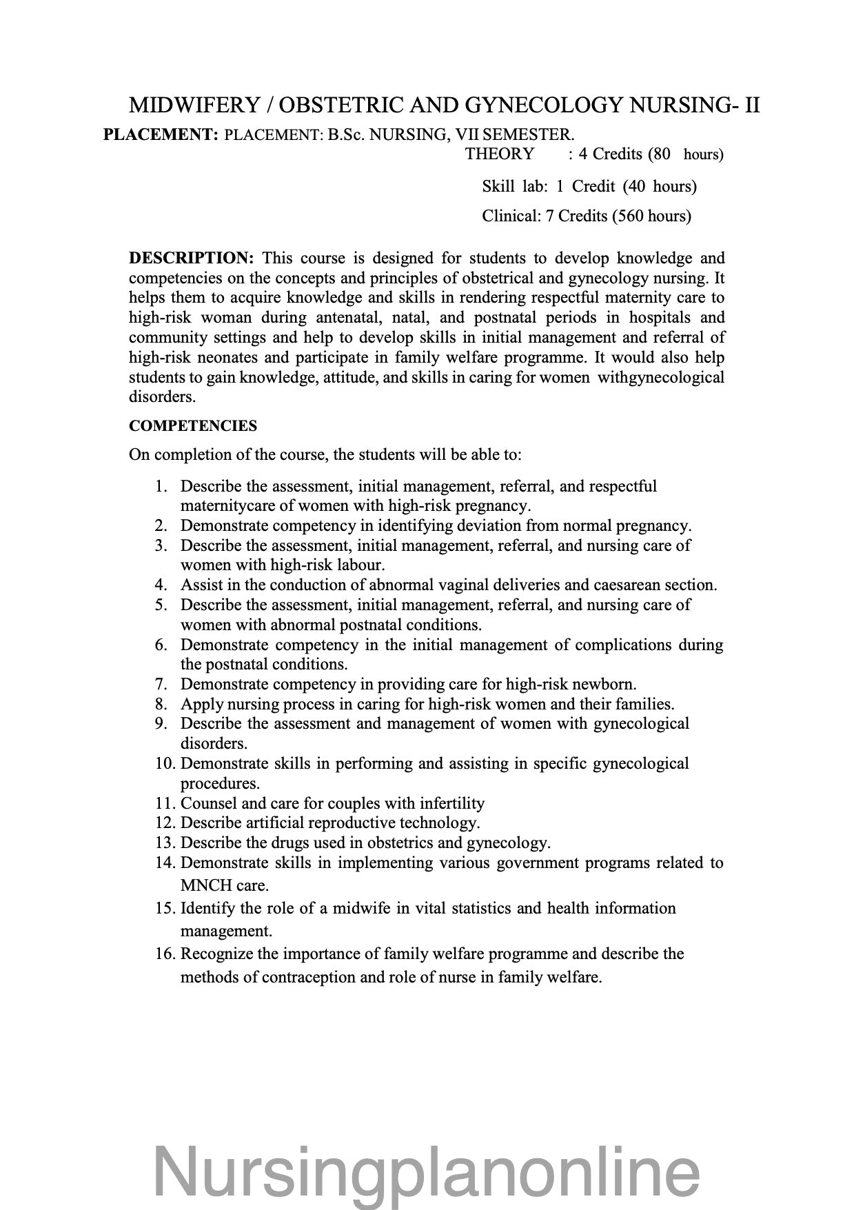 COURSE PLAN B.Sc. NURSING SEVENTH SEMESTER - MIDWIFERY/ OBSTETRICS AND GYNECOLOGICAL NURSING II - Nursing Plan Online