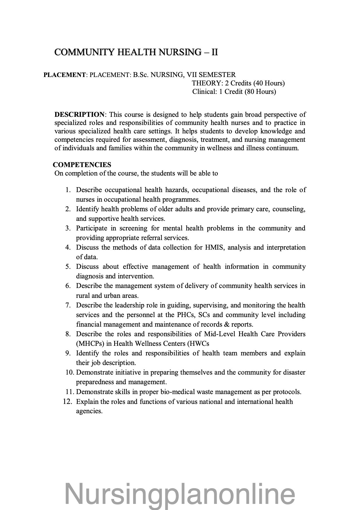 COURSE PLAN B.Sc. NURSING SEVENTH SEMESTER - COMMUNITY HEALTH NURSING II - Nursing Plan Online