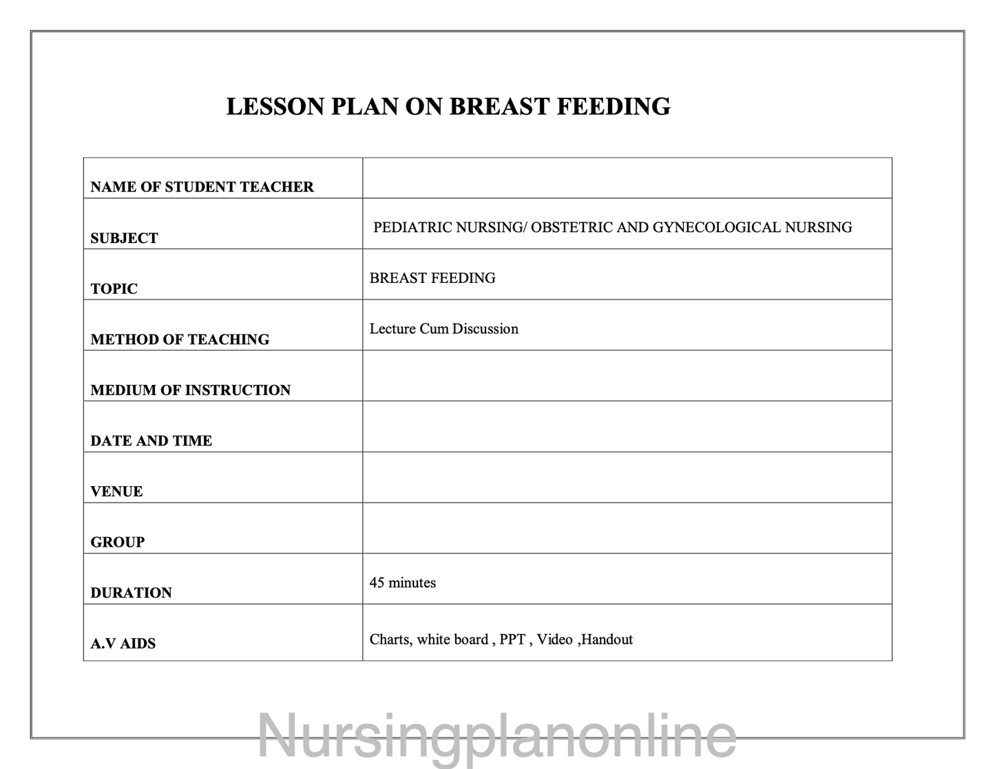 LESSON PLAN- BREASTFEEDING - Nursing Plan Online