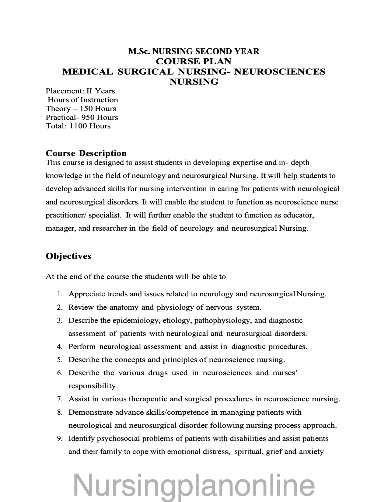 COURSE PLAN- M.Sc. NURSING SECOND YEAR - MEDICAL SURGICAL NURSING ( NEURO SCIENCES NURSING) - Nursing Plan Online