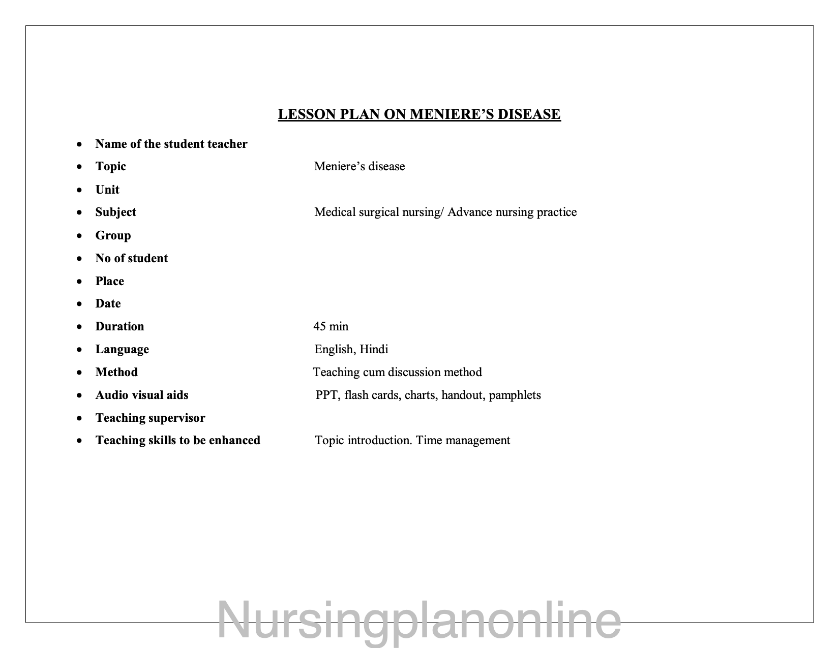 LESSON PLAN- MENIERE'S DISEASE - Nursing Plan Online