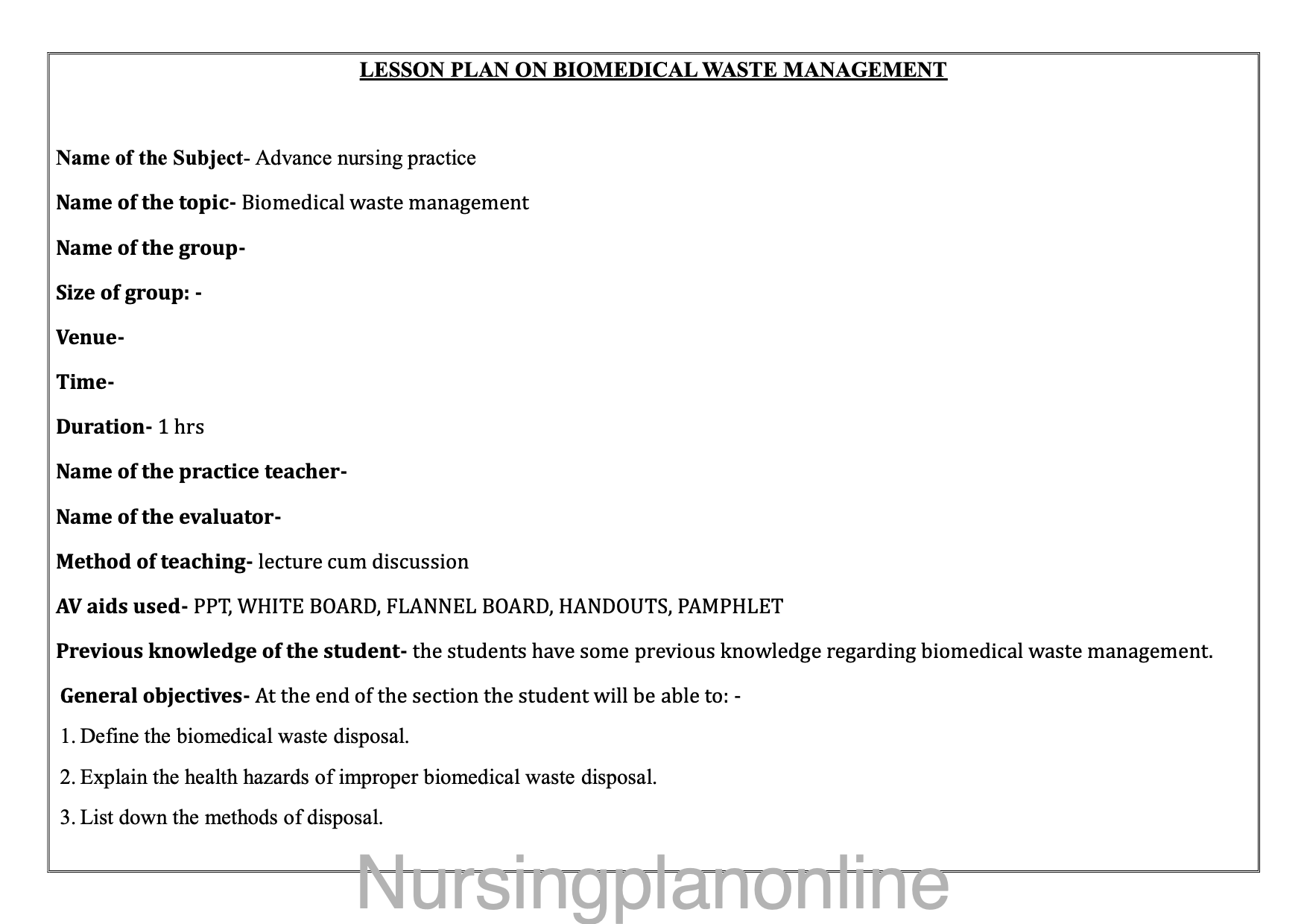 LESSON PLAN ON BIOMEDICAL WASTE MANAGEMENT - Nursing Plan Online
