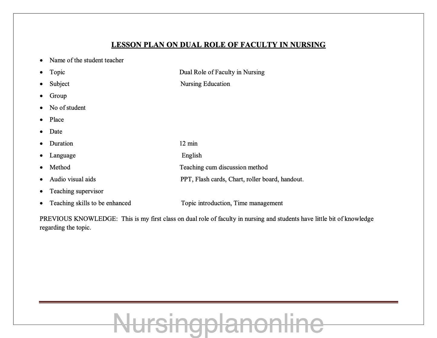 LESSON PLAN- DUAL ROLE OF FACULTY IN NURSING - Nursing Plan Online