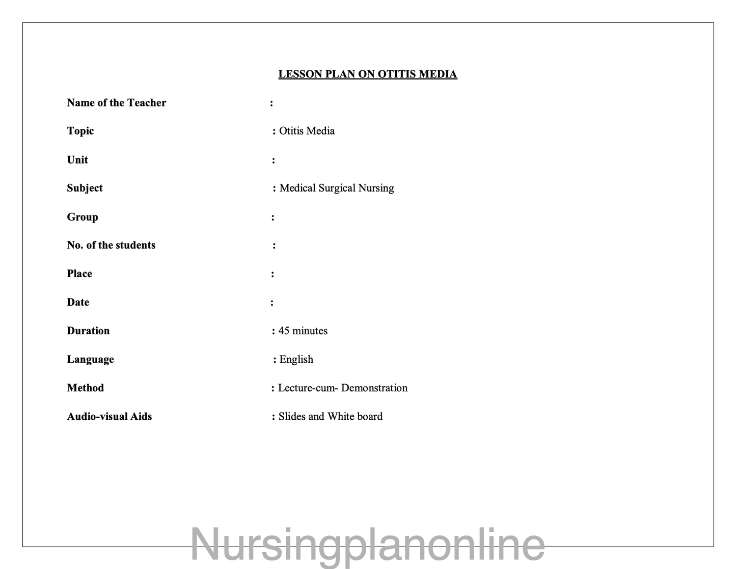 LESSON PLAN- OTITIS MEDIA - Nursing Plan Online
