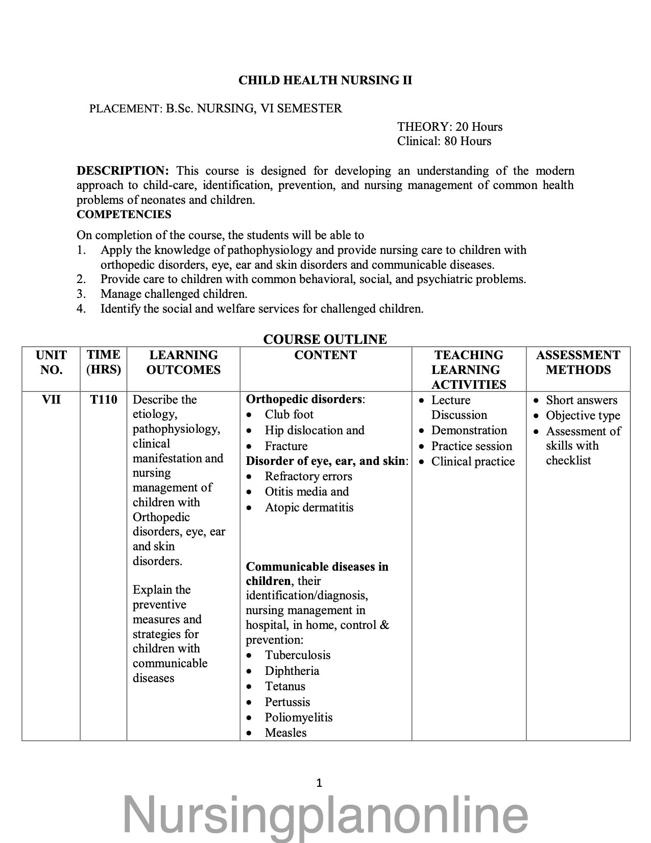 COURSE PLAN B.Sc. NURSING SIXTH SEMESTER - CHILD HEALTH NURSING II - Nursing Plan Online