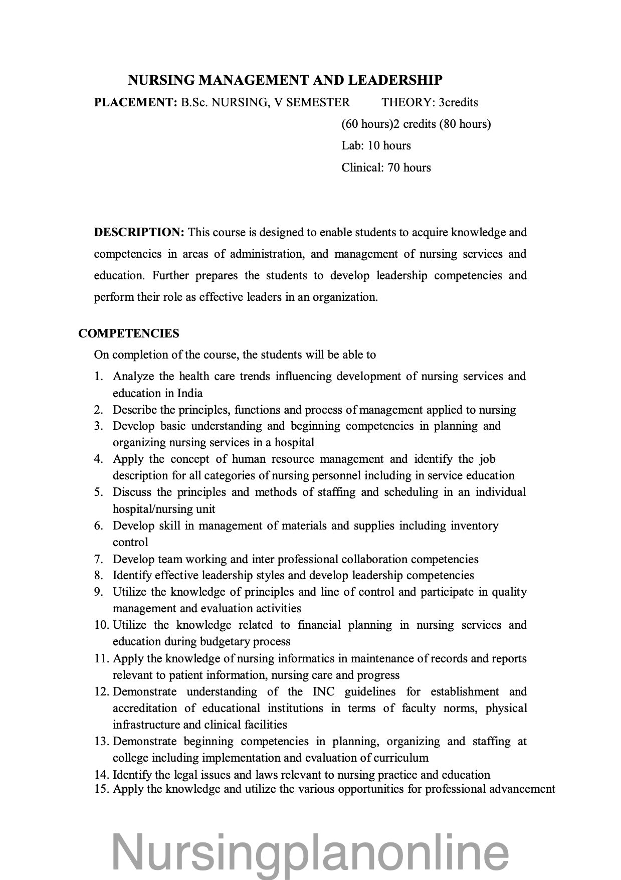 COURSE PLAN- B.Sc. NURSING V SEMESTER-NURSING MANAGEMENT AND LEADERSHIP - Nursing Plan Online