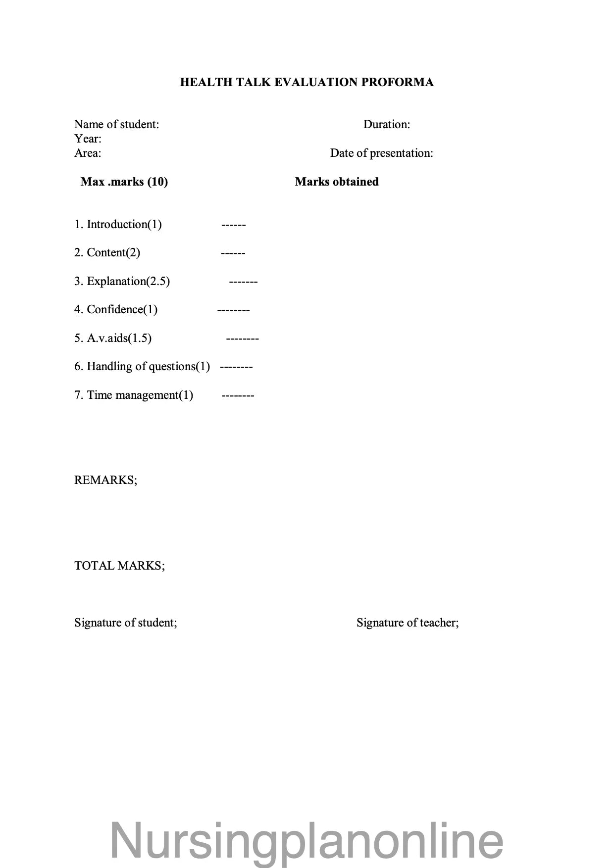 FORMAT- HEALTH TALK EVALUATION - Nursing Plan Online
