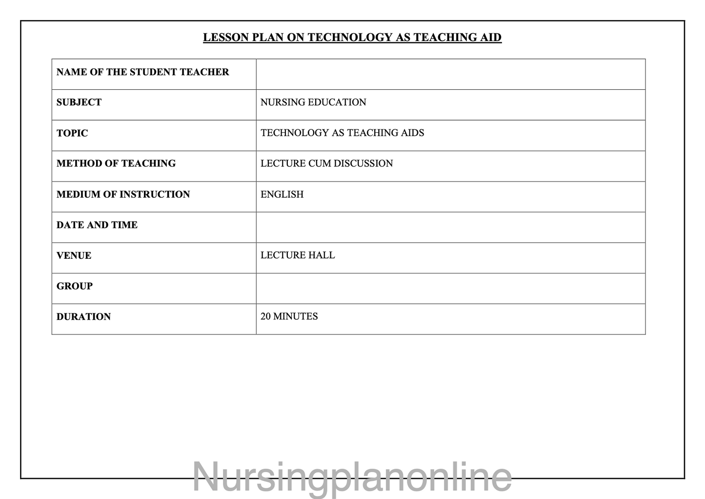 LESSON PLAN- TECHNOLOGY AS TEACHING AID