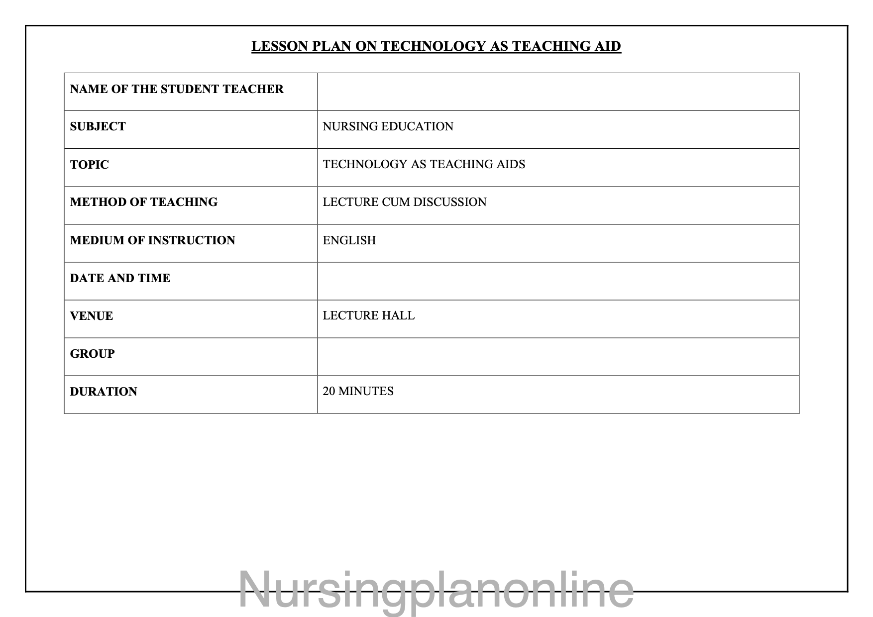 LESSON PLAN- TECHNOLOGY AS TEACHING AID - Nursing Plan Online