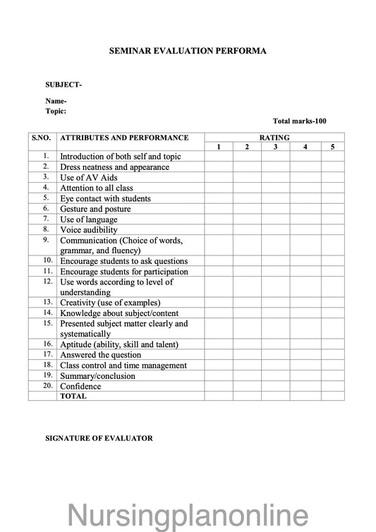 FORMAT-SEMINAR EVALUATION PERFORMA - Nursing Plan Online