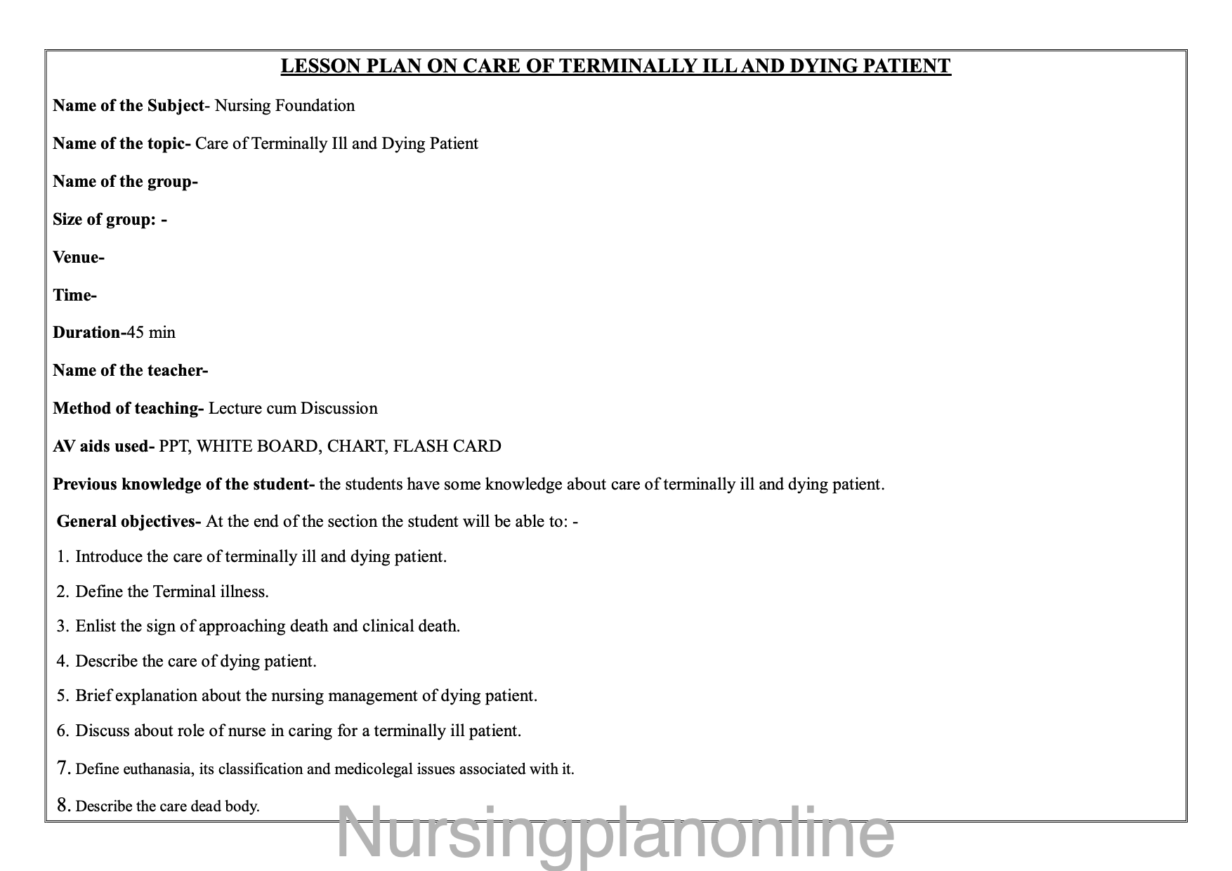 LESSON PLAN ON CARE OF TERMINALLY ILL AND DYING PATIENT - Nursing Plan Online