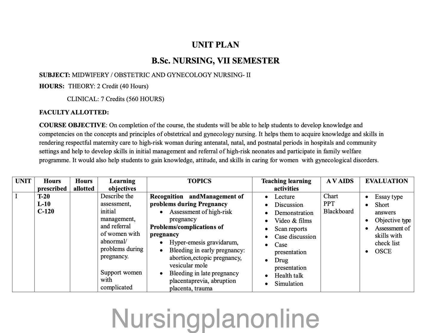 UNIT PLAN B.Sc. NURSING (VII SEM)- MIDWIFERY/ OBSTETRIC AND GYNECOLOGY NURSING II - Nursing Plan Online