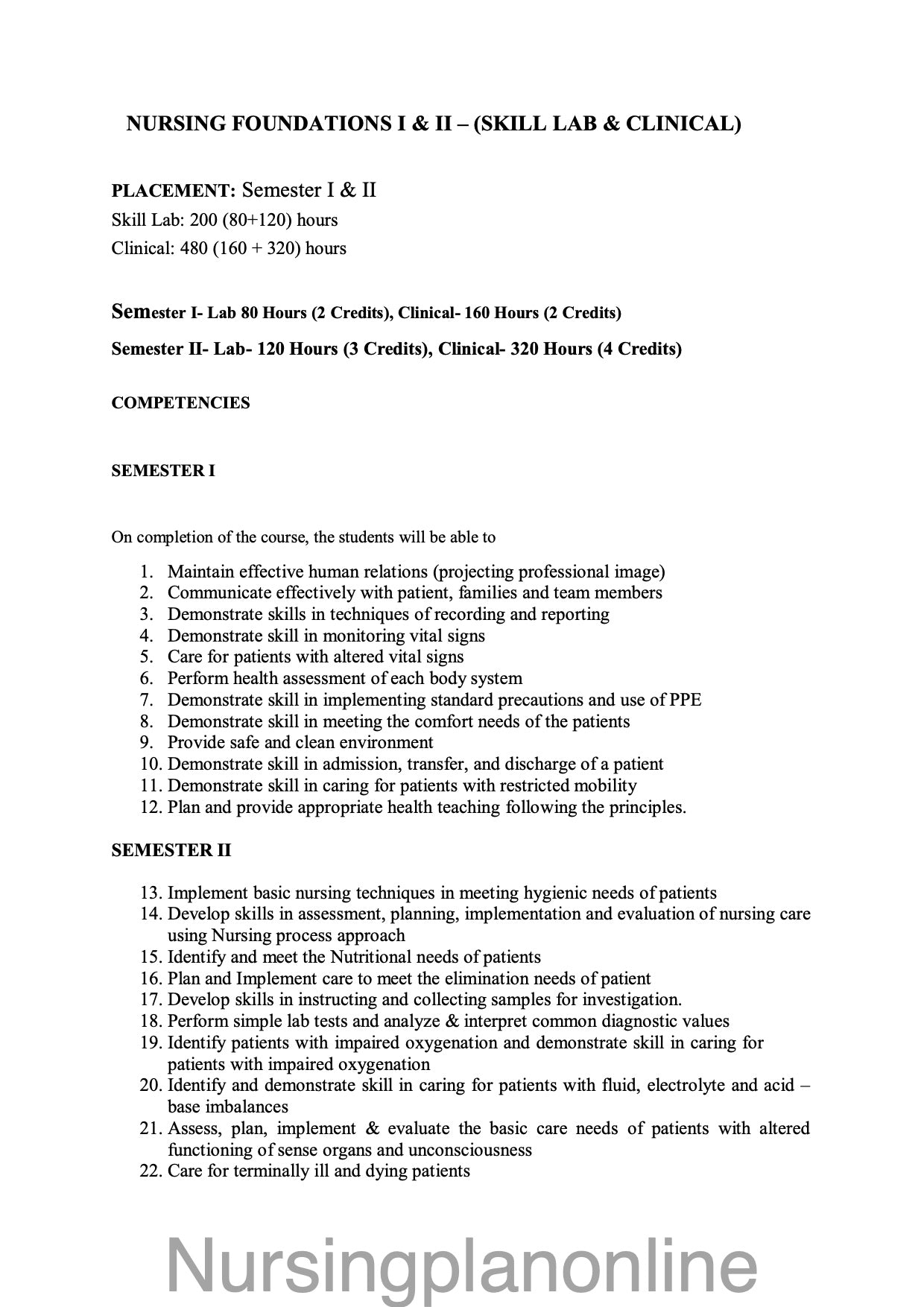 COURSE PLAN FOR B.Sc. NURSING II SEMESTER- NURSING FOUNDATION I & II ( SKILL LAB AND CLINICAL) - Nursing Plan Online