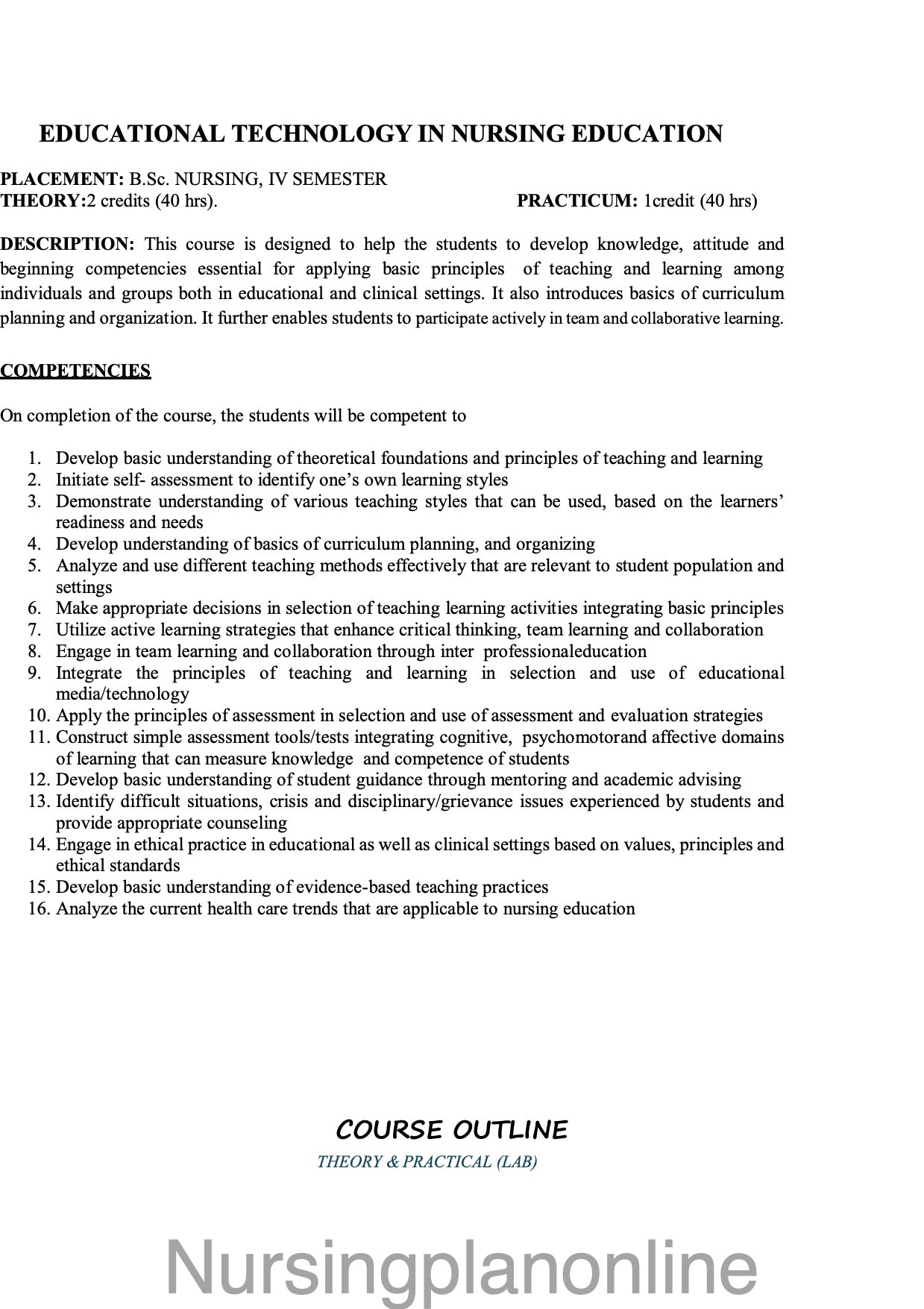 COURSE PLAN FOR B.Sc. NURSING IV SEMESTER-EDUCATIONAL TECHNOLOGY IN NURSING EDUCATION - Nursing Plan Online