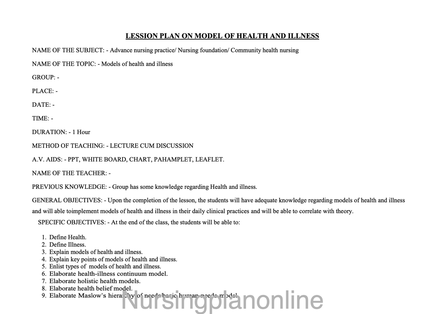 LESSON PLAN ON HEALTH AND ILLNESS MODEL - Nursing Plan Online