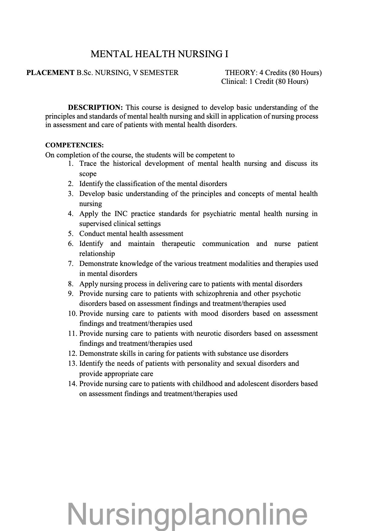 COURSE PLAN- B.Sc. NURSING V SEMESTER- MENTAL HEALTH NURSING I - Nursing Plan Online