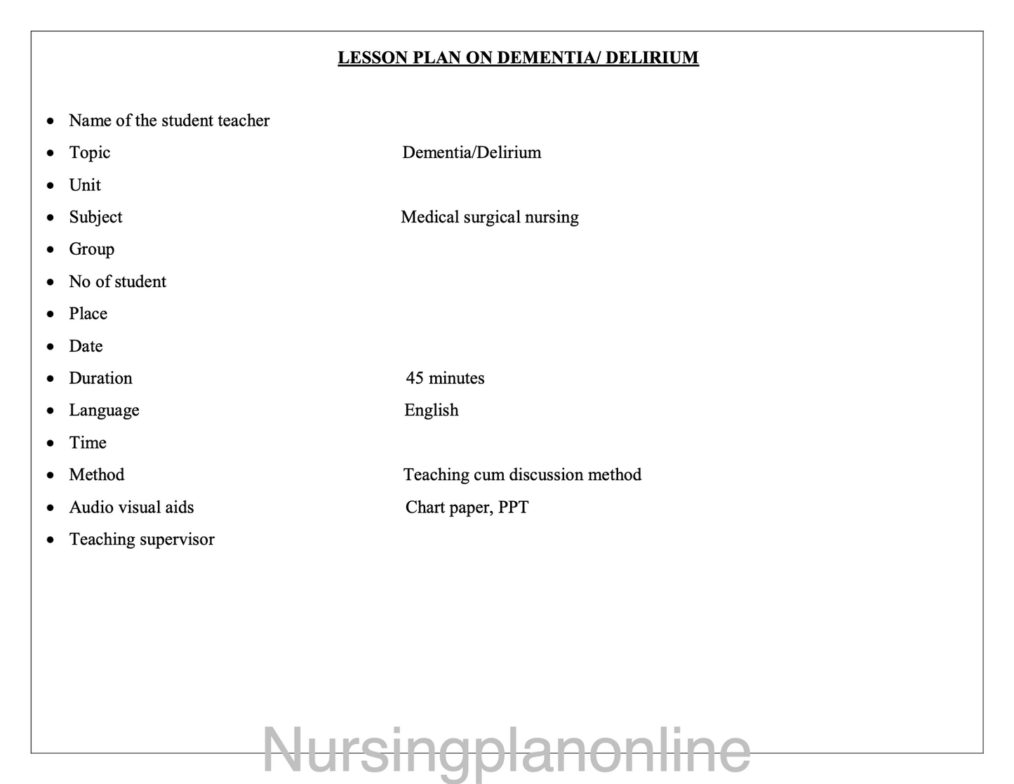 LESSON PLAN- DEMENTIA/ DELIRIUM - Nursing Plan Online