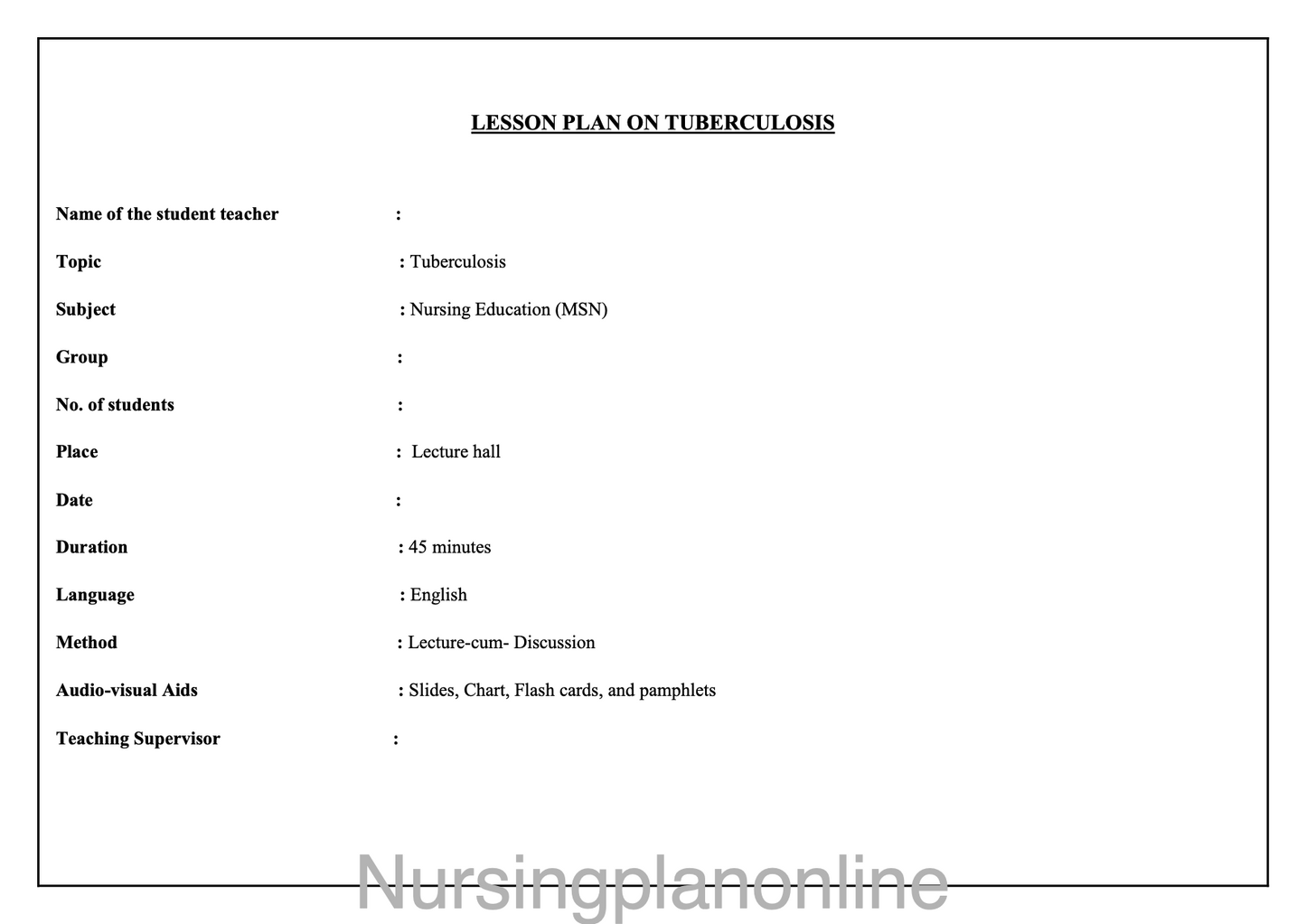LESSON PLAN- TUBERCULOSIS