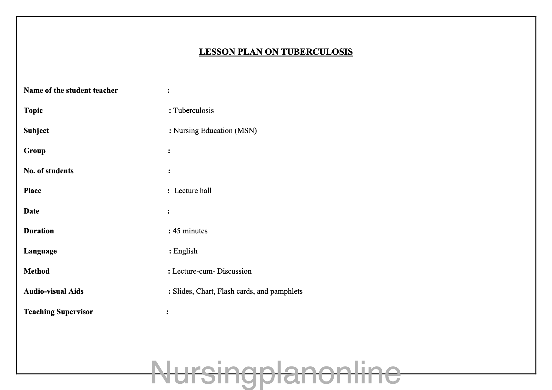 LESSON PLAN- TUBERCULOSIS - Nursing Plan Online
