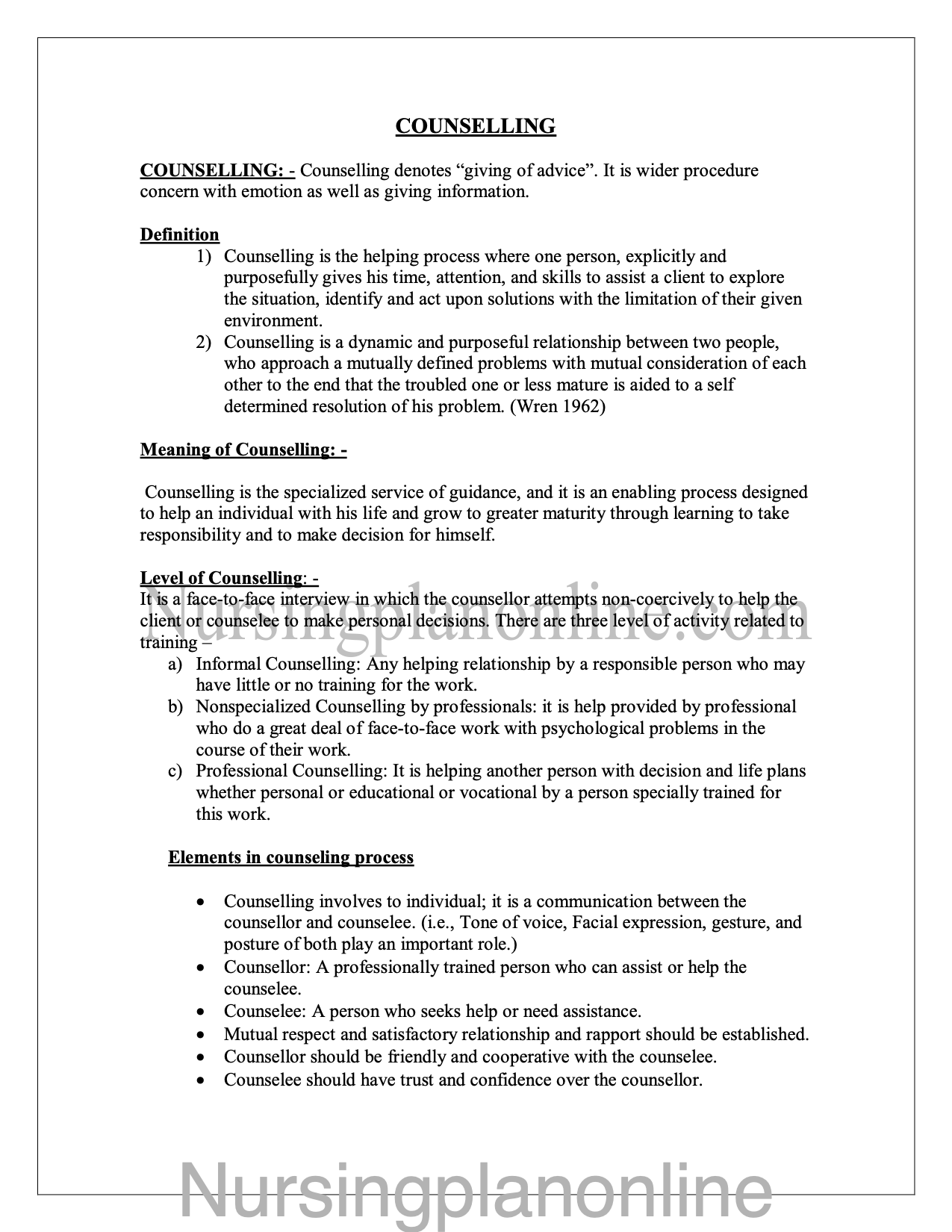NOTES ON COUNSELING - Nursing Plan Online