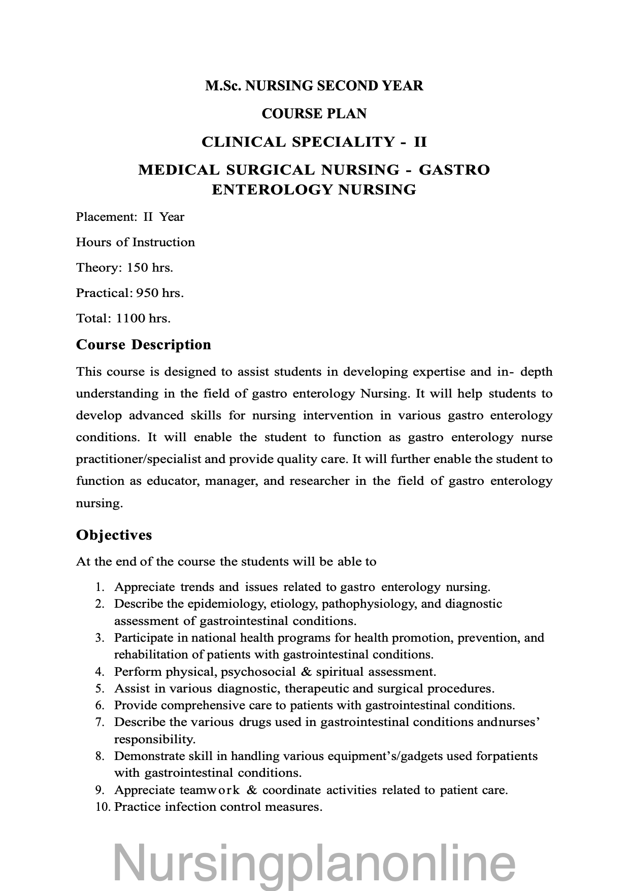 COURSE PLAN- M.Sc. NURSING SECOND YEAR - MEDICAL SURGICAL NURSING ( GASTRO ENTOROLOGY NURSING) - Nursing Plan Online