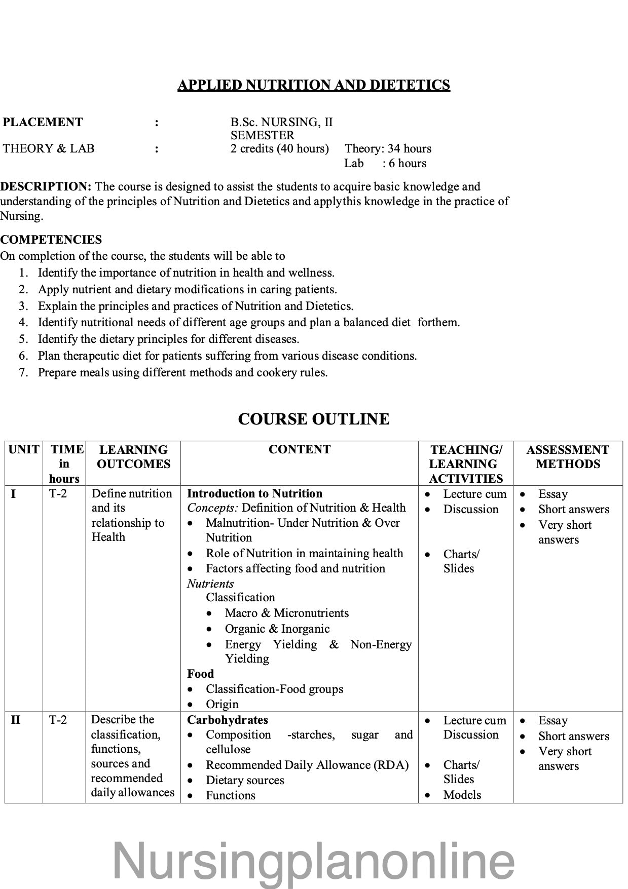 COURSE PLAN FOR B.Sc. NURSING II SEMESTER- APPLIED NUTRITION AND DIETETICS - Nursing Plan Online