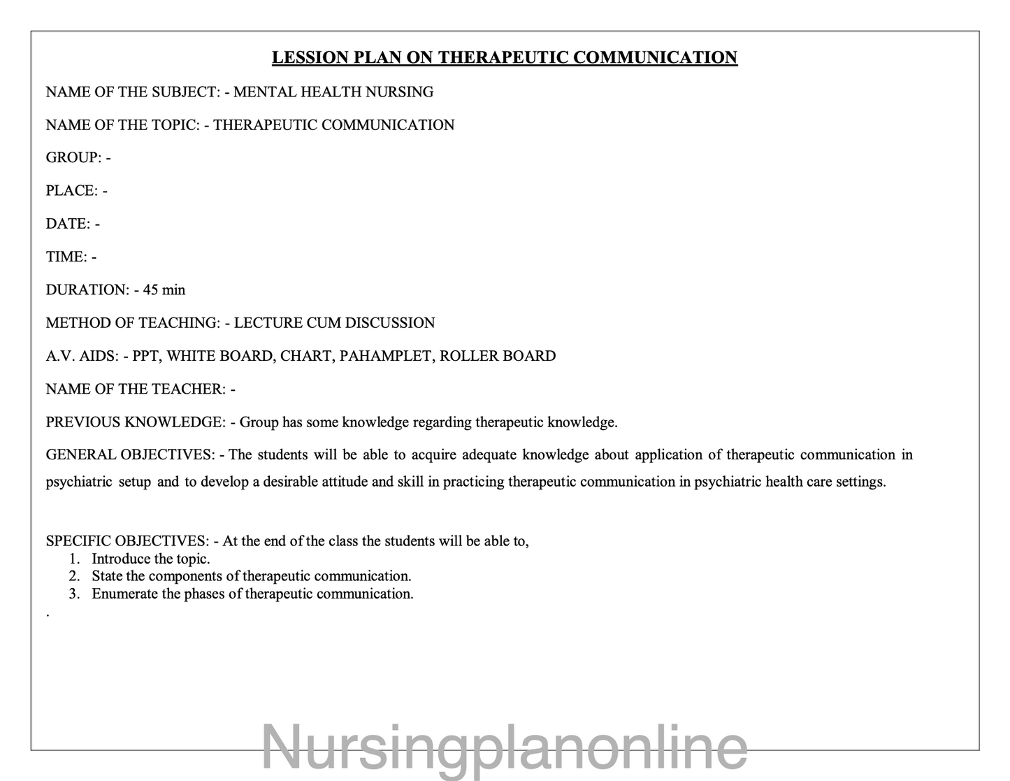 LESSON PLAN ON THERAPEUTIC COMMUNICATION - Nursing Plan Online