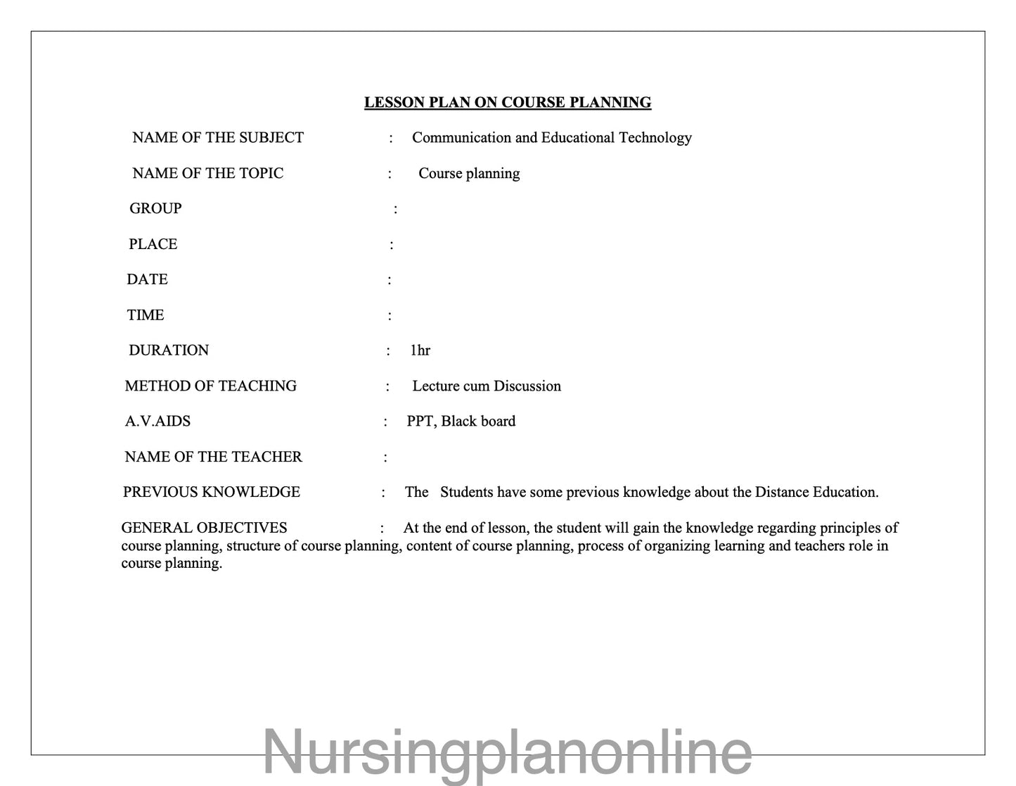 LESSON PLAN- COURSE PLANNING - Nursing Plan Online