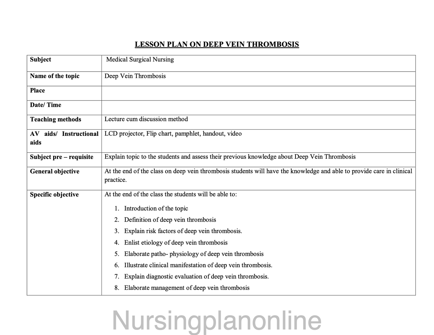 LESSON PLAN- DEEP VEIN THROMBOSIS - Nursing Plan Online