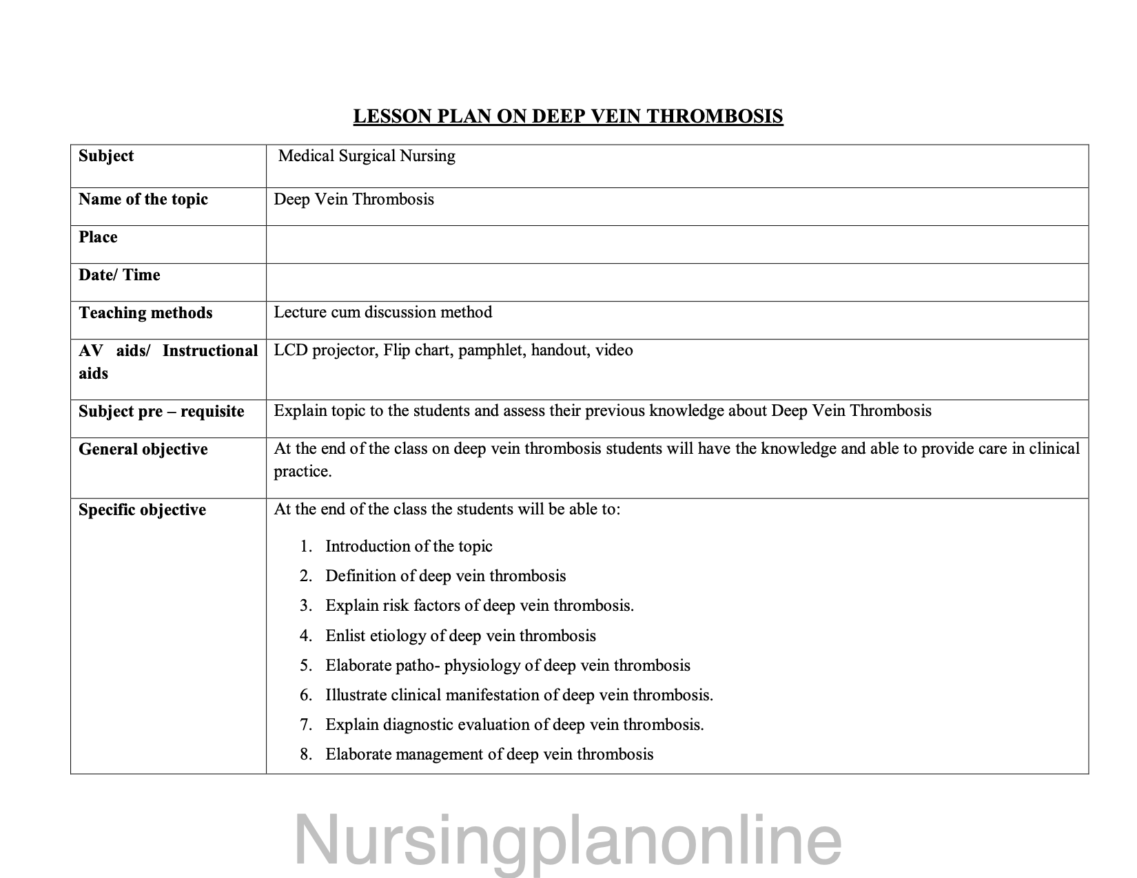 LESSON PLAN- DEEP VEIN THROMBOSIS - Nursing Plan Online