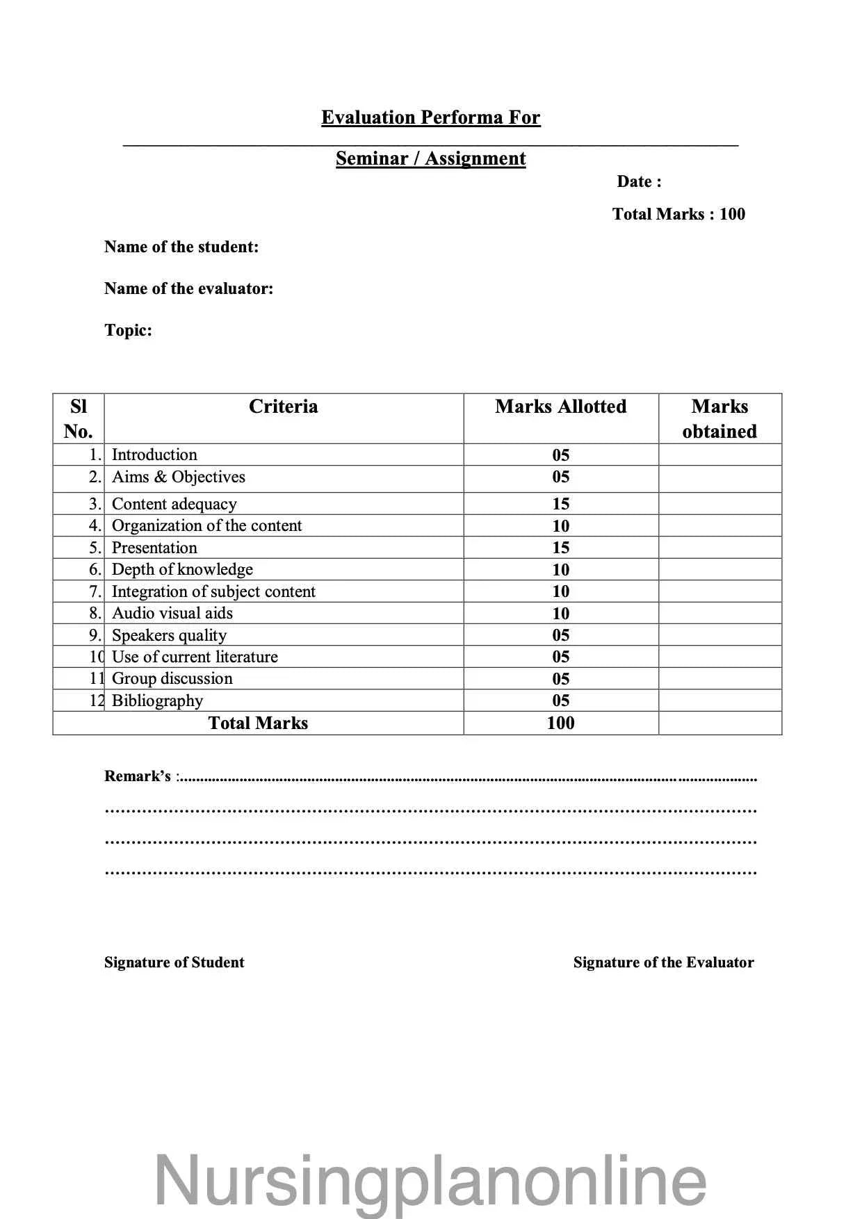 FORMAT- SEMINAR/ ASSIGNMENT EVALUATION