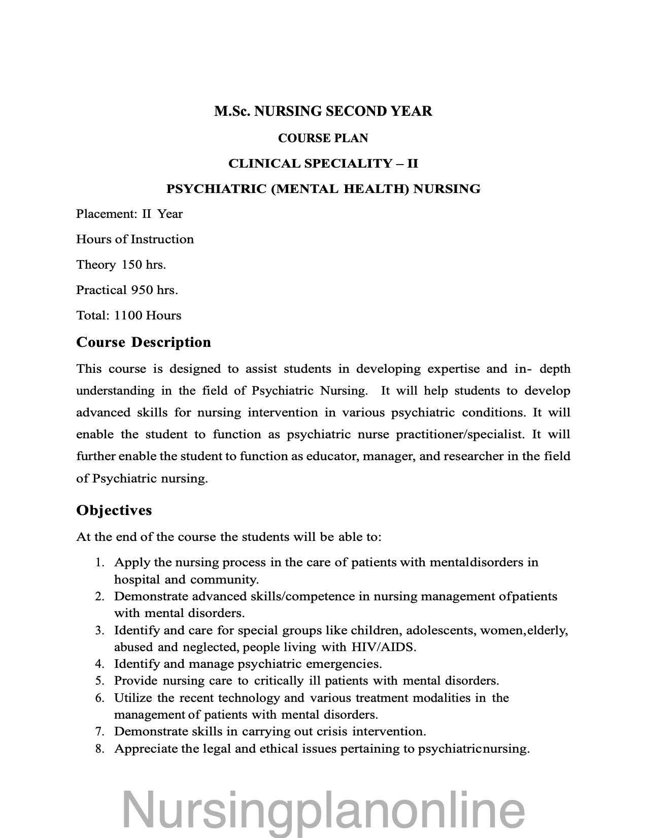 COURSE PLAN- M.Sc. NURSING SECOND YEAR - MENTAL HEALTH NURSING - Nursing Plan Online