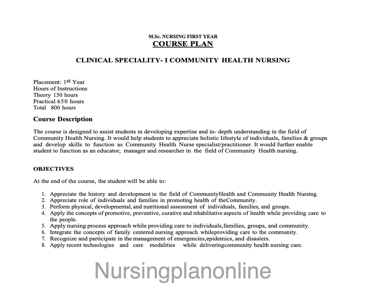COURSE PLAN- M.Sc. NURSING FIRST YEAR - COMMUNITY HEALTH NURSING - Nursing Plan Online
