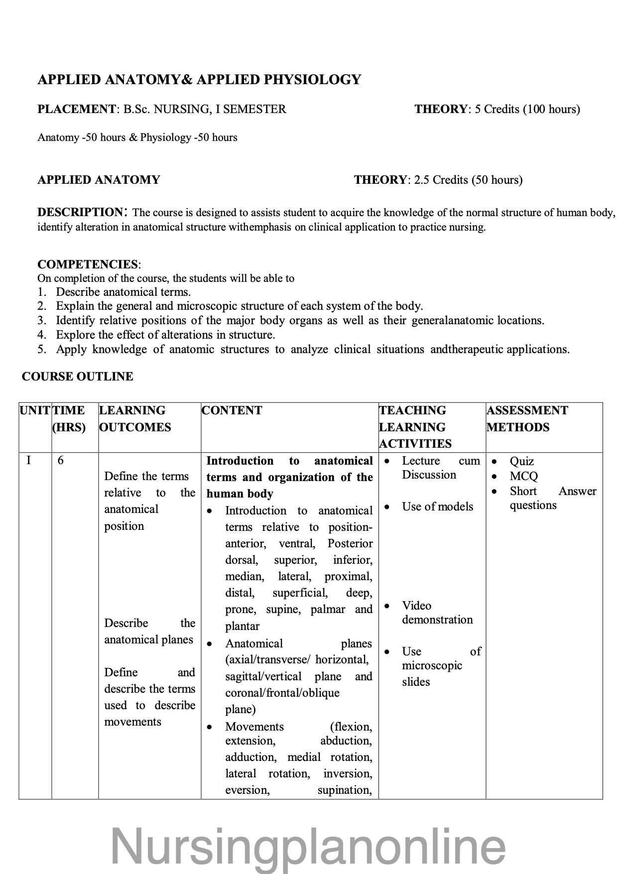 COURSE PLAN FOR B.Sc. NURSING I SEMESTER- APPLIED ANATOMY AND APPLIED PHYSIOLOGY - Nursing Plan Online