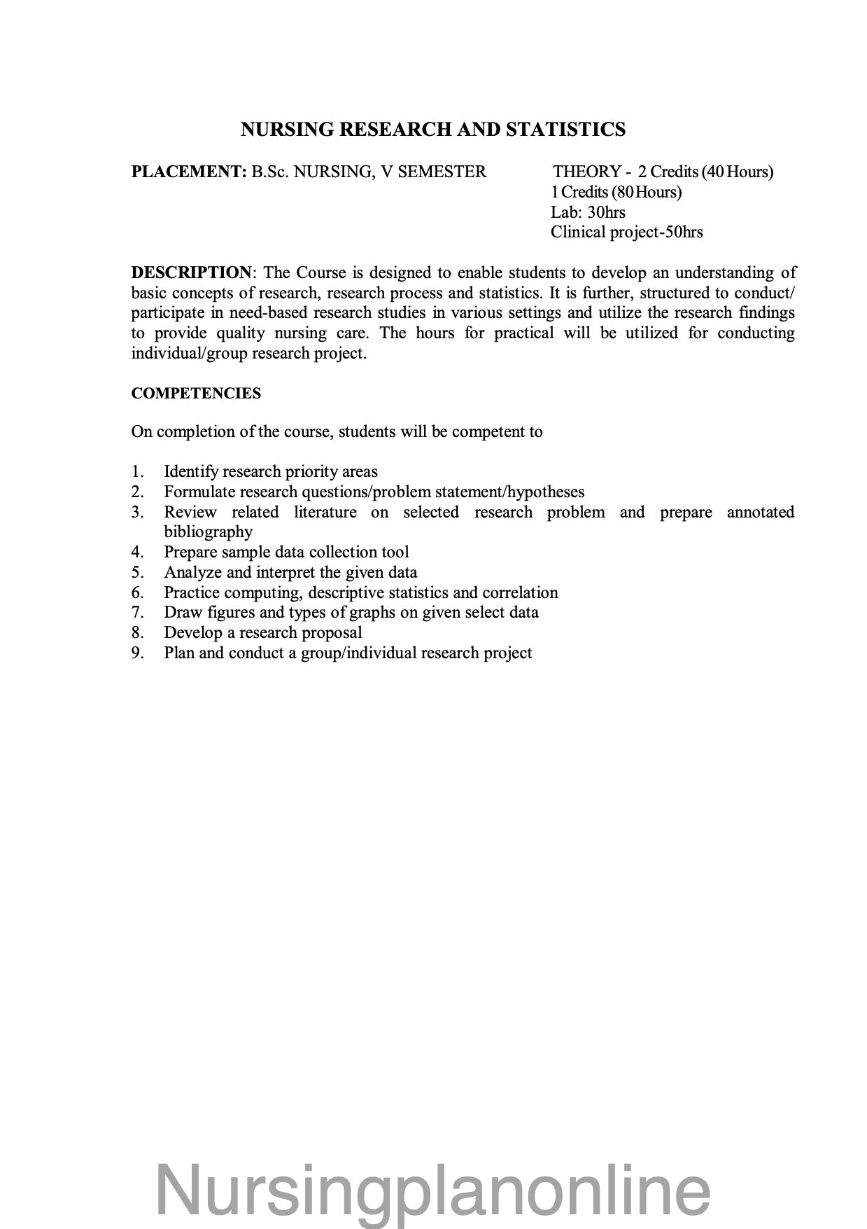 COURSE PLAN- B.Sc. NURSING V SEMESTER-NURSING RESEARCH AND STATISTICS - Nursing Plan Online