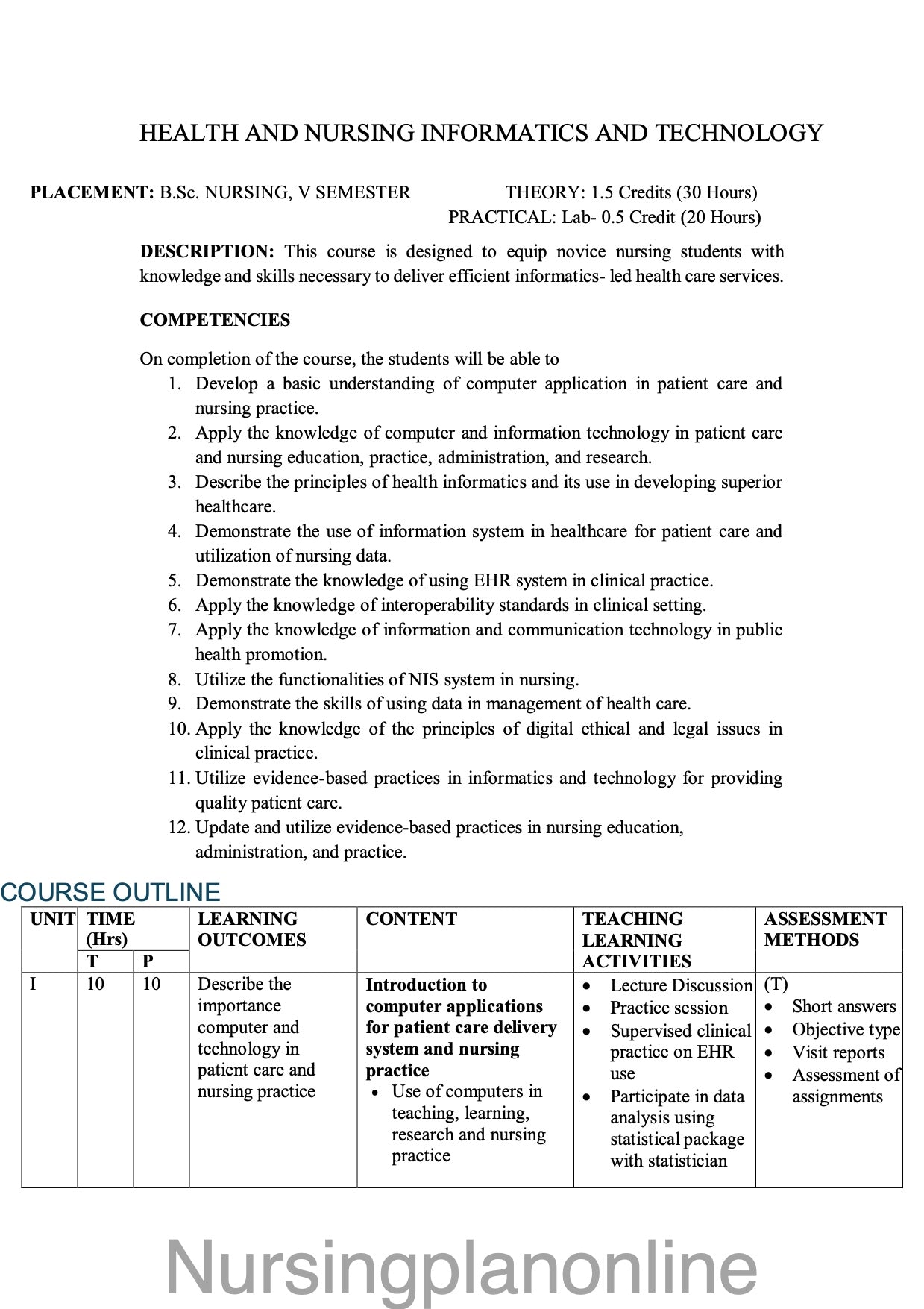 COURSE PLAN- B.Sc. NURSING V SEMESTER- HEALTH AND NURSING INFORMATICS AND TECHNOLOGY - Nursing Plan Online