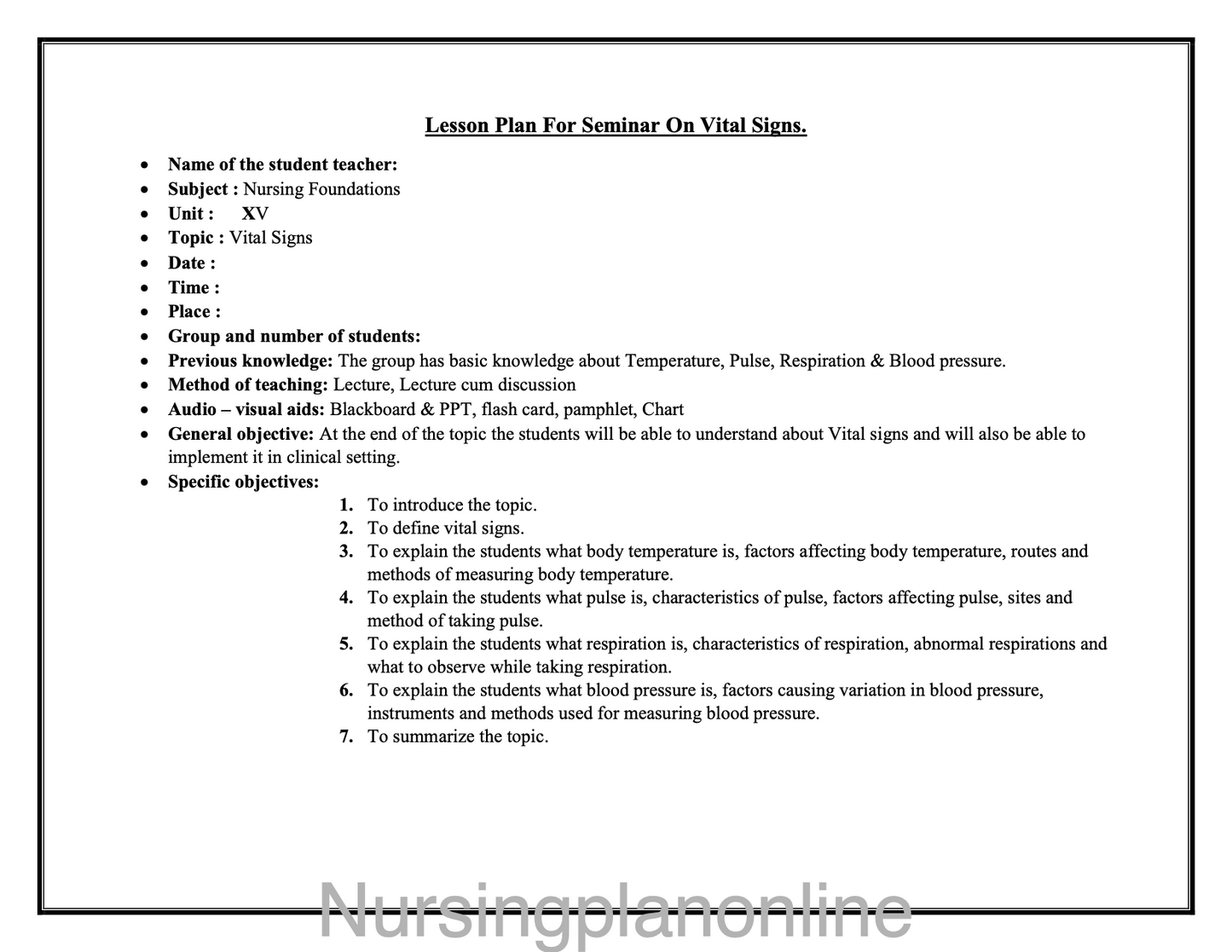 LESSON PLAN ON VITAL SIGNS I - Nursing Plan Online
