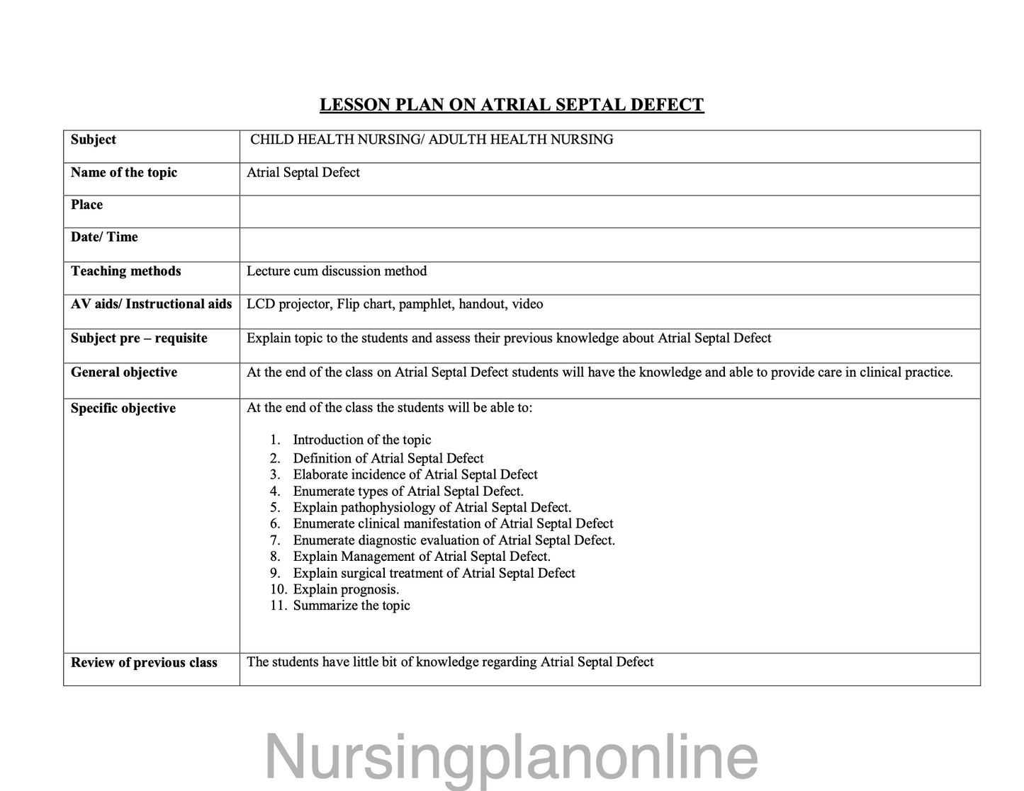 LESSON PLAN- ATRIAL SEPTAL DEFECT - Nursing Plan Online