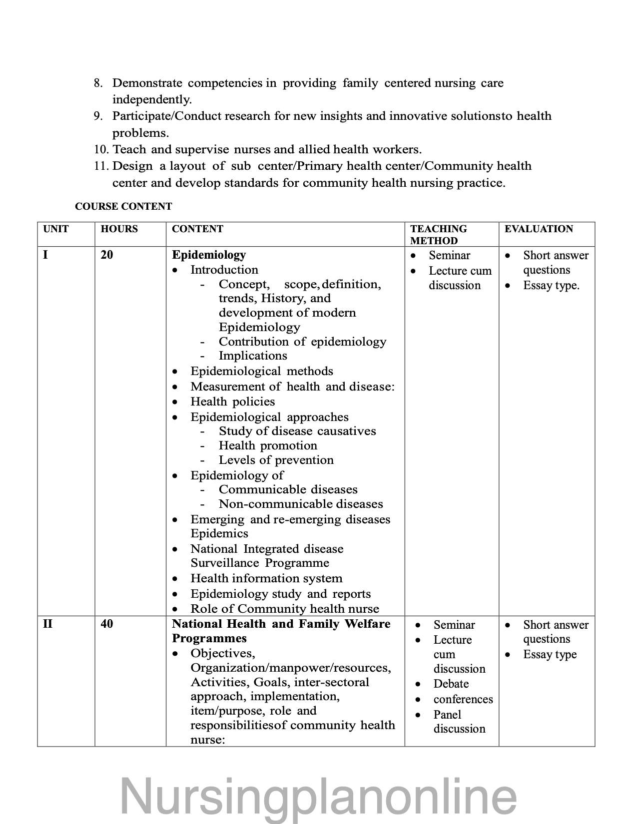MSc Nursing Community Health Nursing Course Plan for Second Year Students - Nursing Plan Online