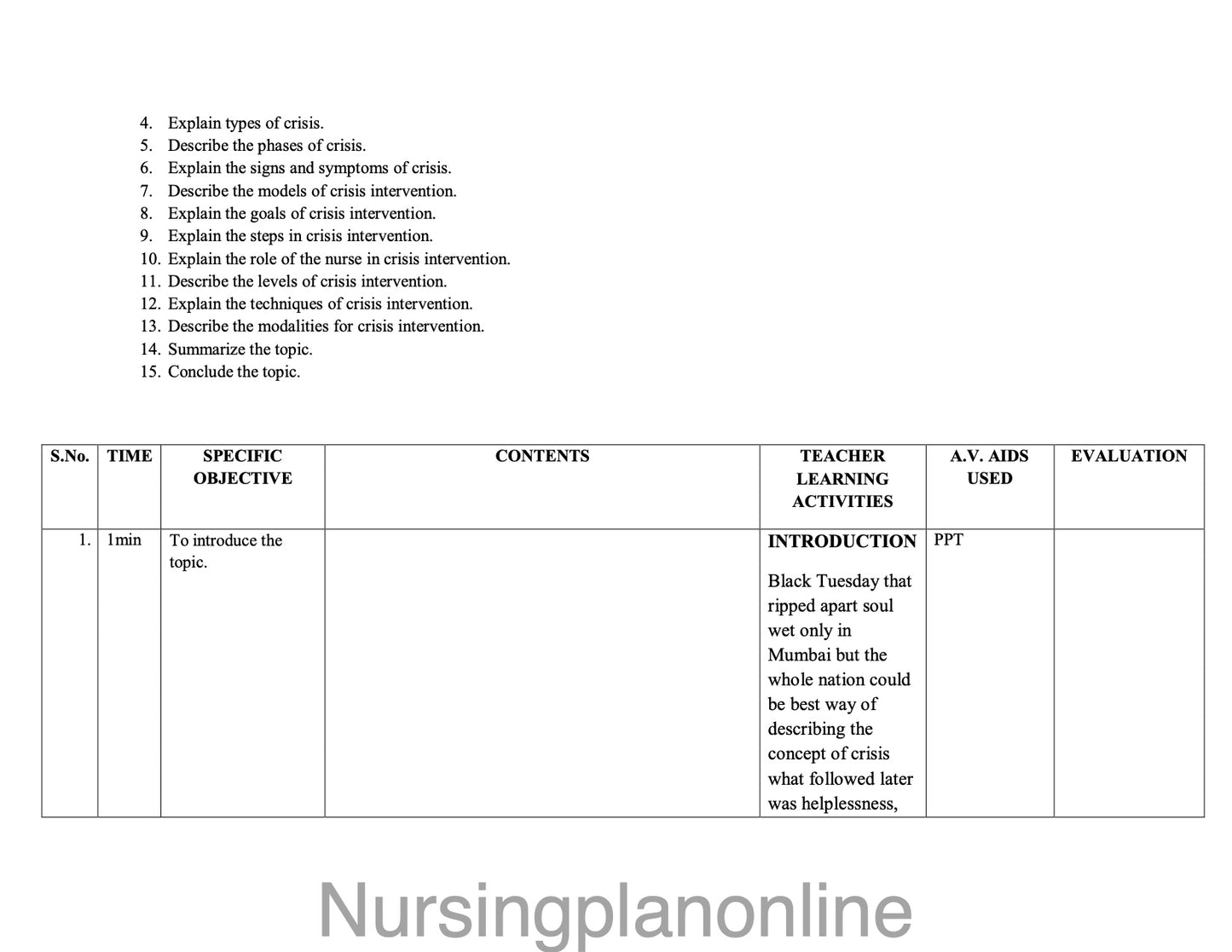 LESSON PLAN- CRISIS INTERVENTION - Nursing Plan Online