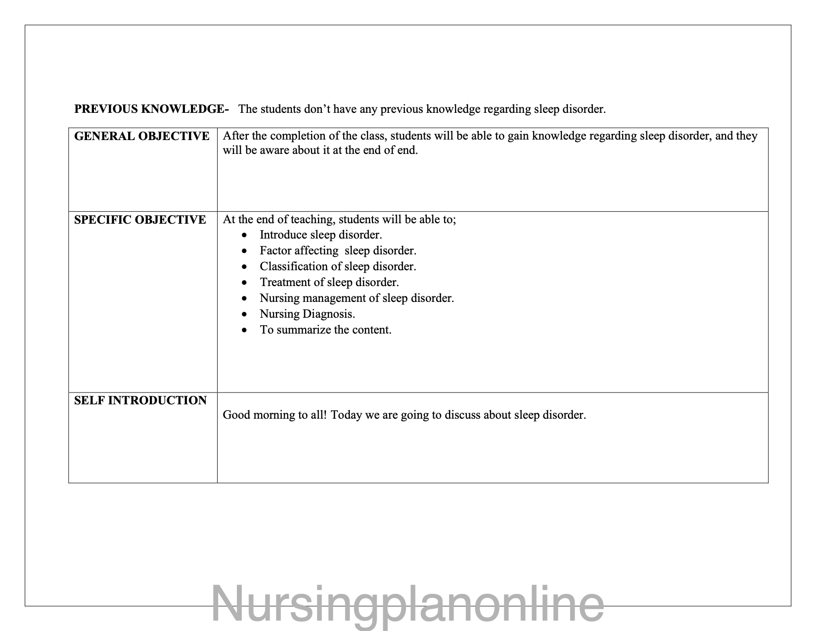 LESSON PLAN- SLEEP DISORDER - Nursing Plan Online