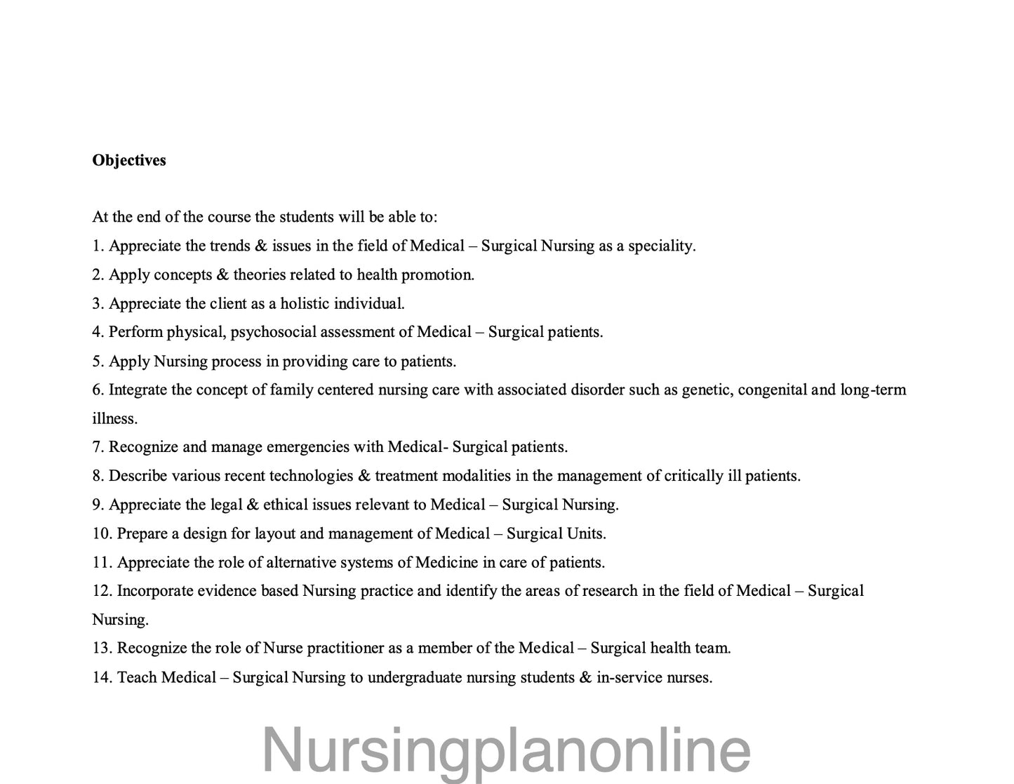 COURSE PLAN- M.Sc. NURSING FIRST YEAR - MEDICAL SURGICAL NURSING - Nursing Plan Online
