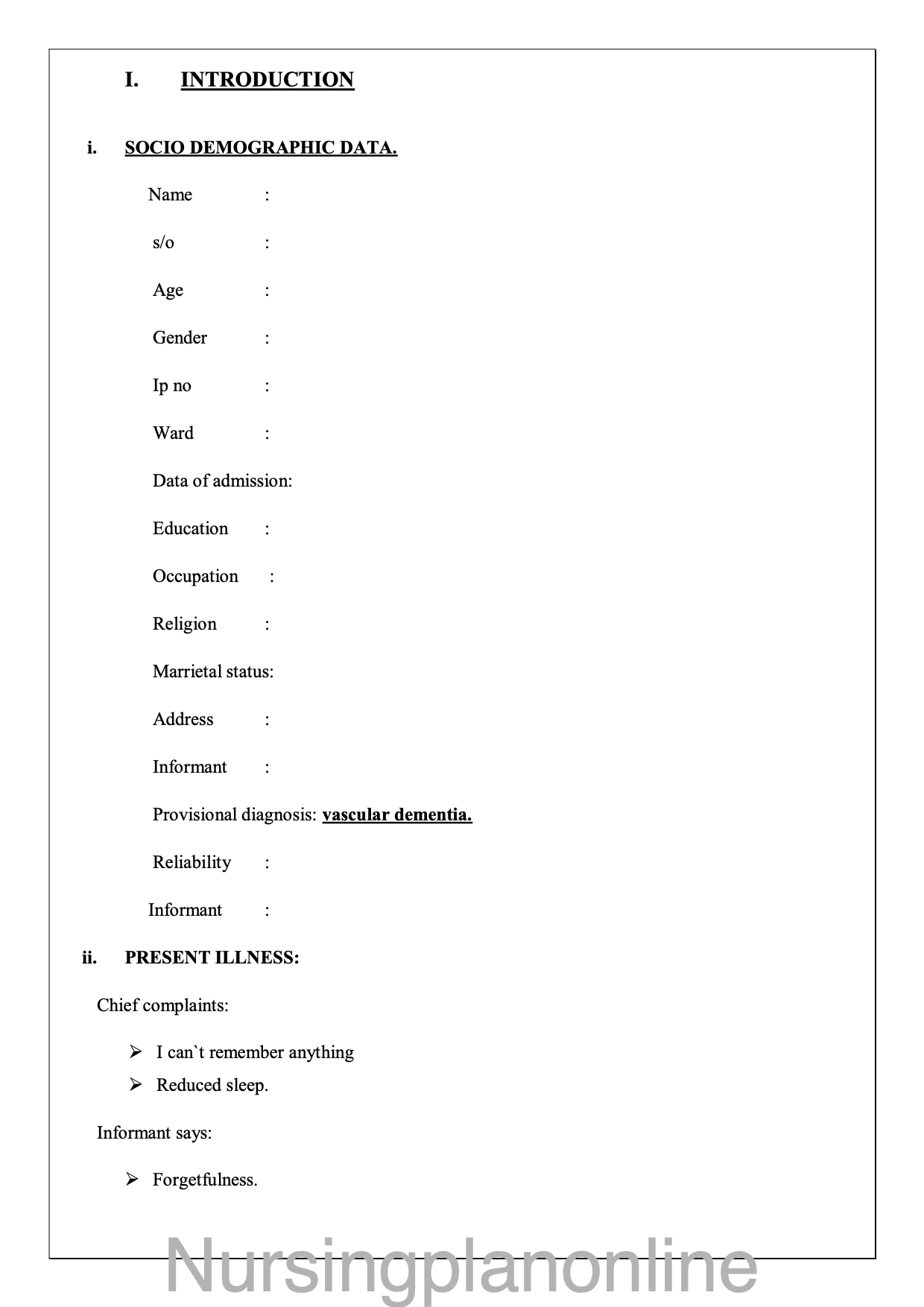CASE STUDY- DEMENTIA - Nursing Plan Online