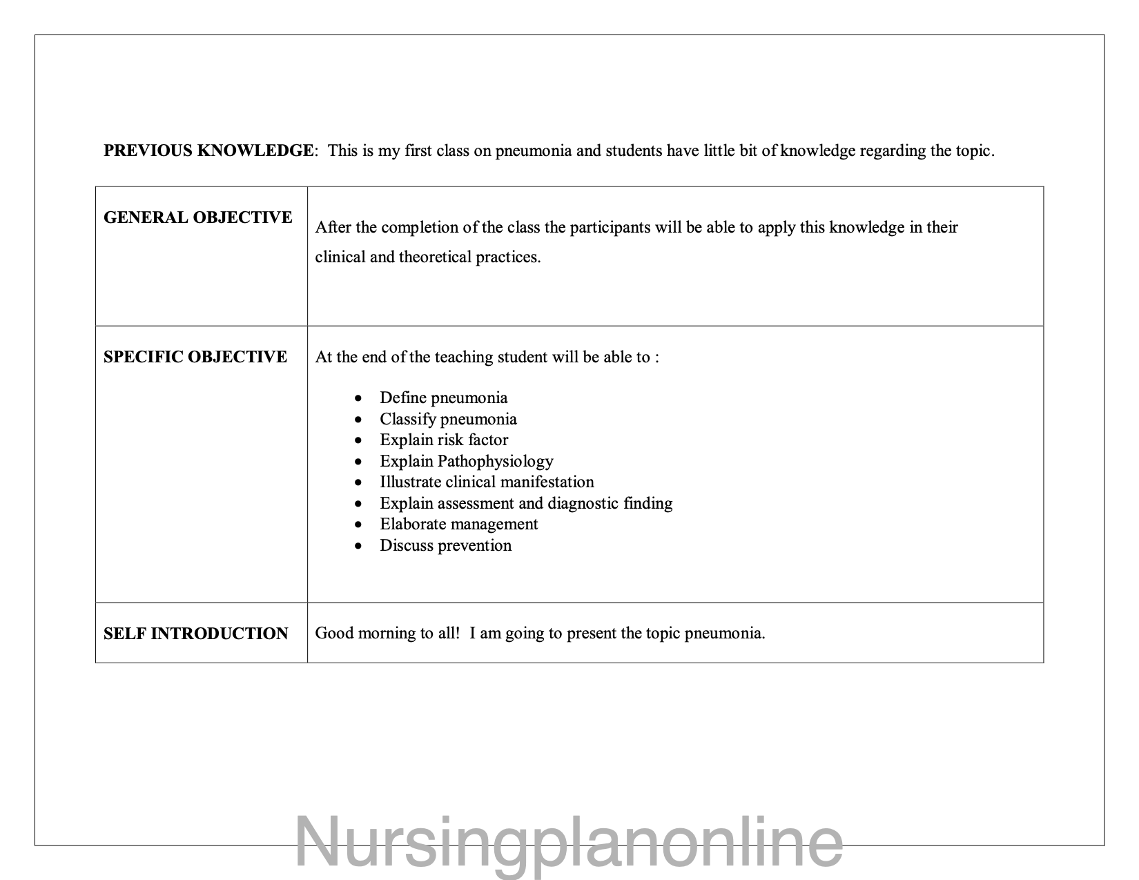 LESSON PLAN -PNEUMONIA - Nursing Plan Online