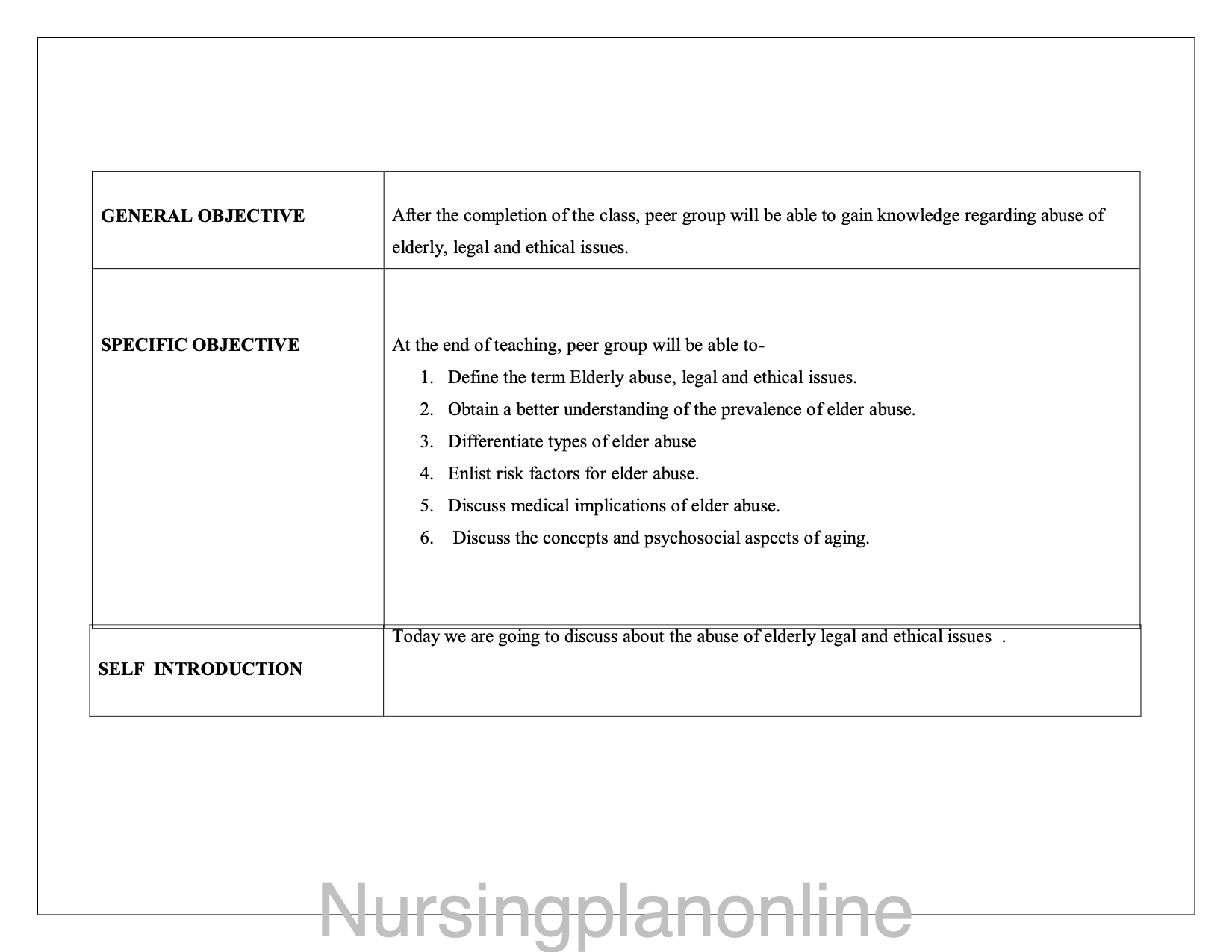 LESSON PLAN- ABUSE OF ELDERLY , LEGAL AND ETHICAL ISSUES - Nursing Plan Online