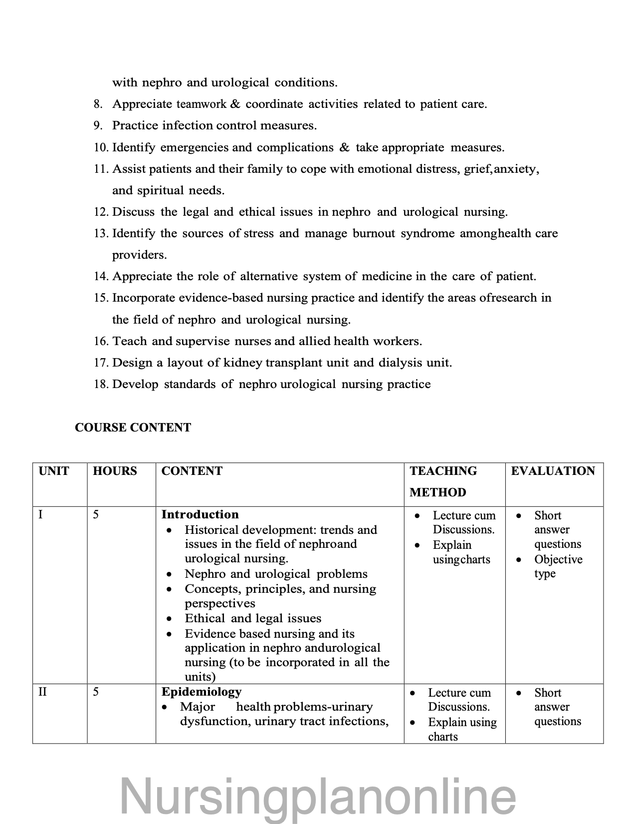 COURSE PLAN- M.Sc. NURSING SECOND YEAR - MEDICAL SURGICAL NURSING ( NEPHRO-UROLOGY NURSING) - Nursing Plan Online