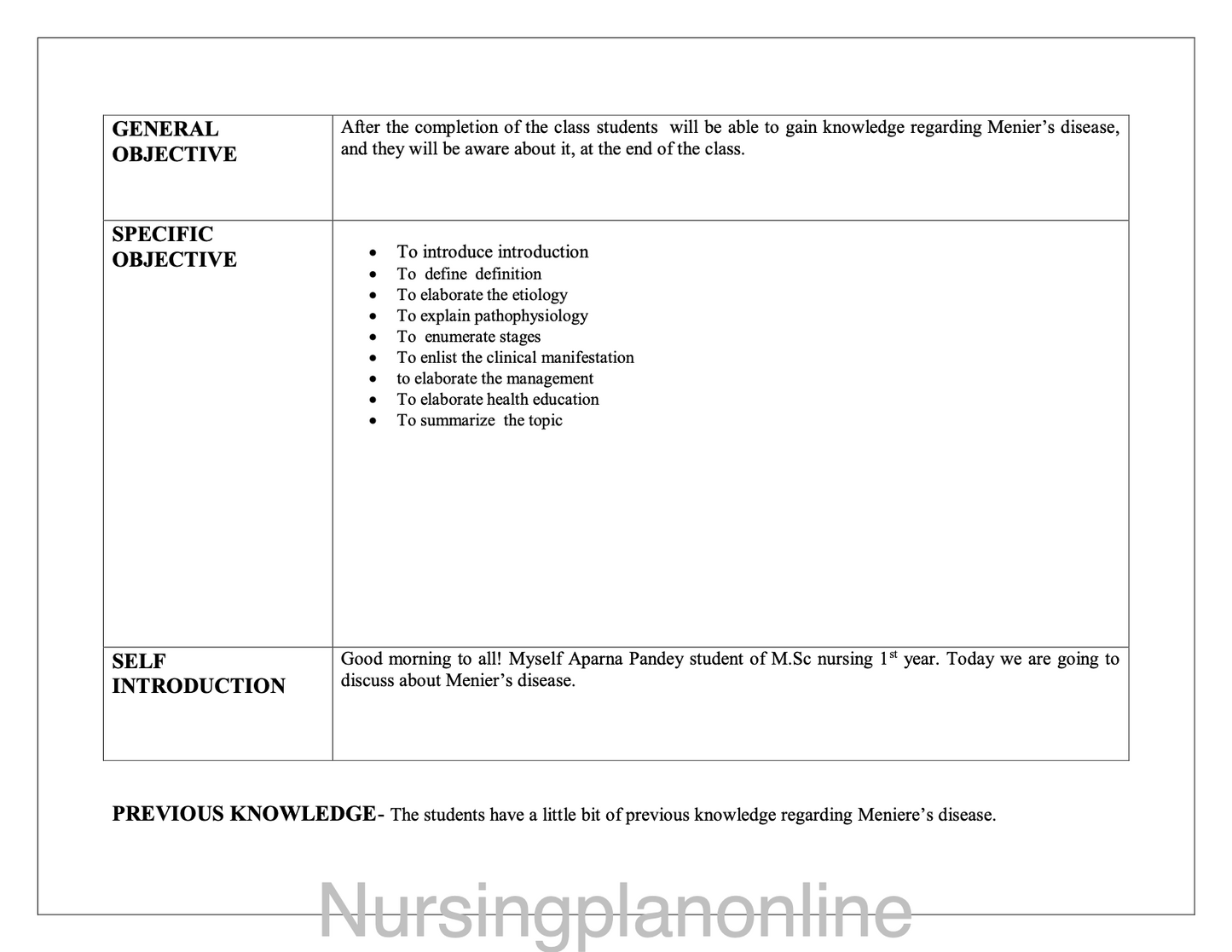 LESSON PLAN- MENIERE'S DISEASE - Nursing Plan Online