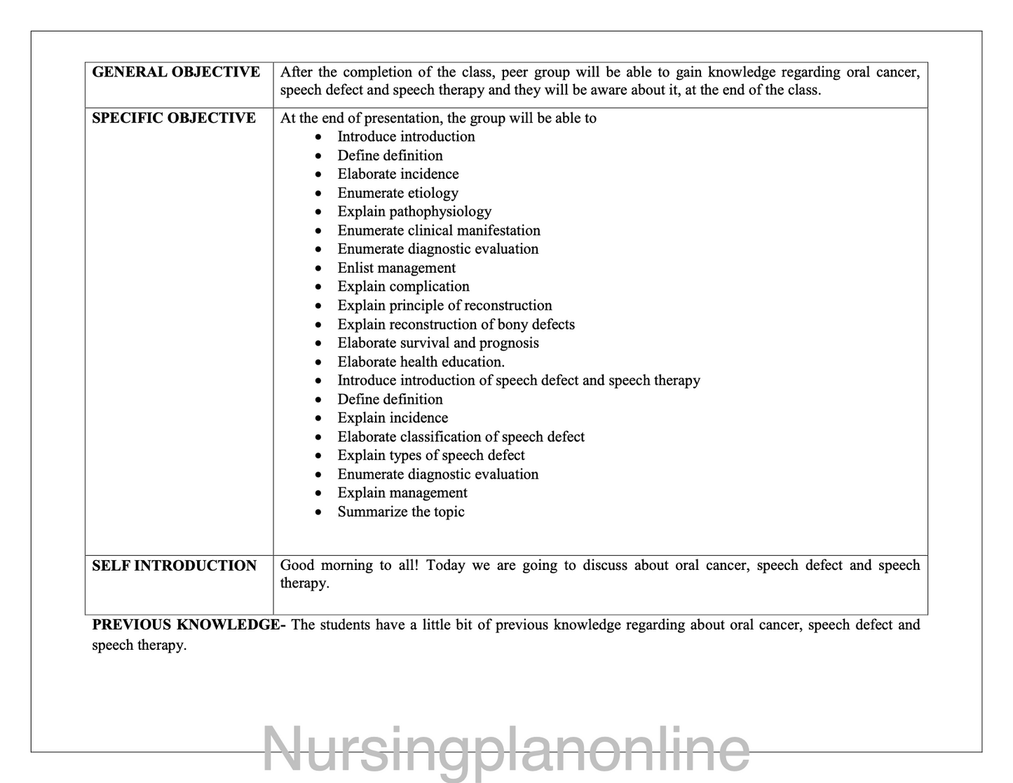 LESSON PLAN- ORAL CANCER, SPEECH DEFECT AND SPEECH THERAPY - Nursing Plan Online