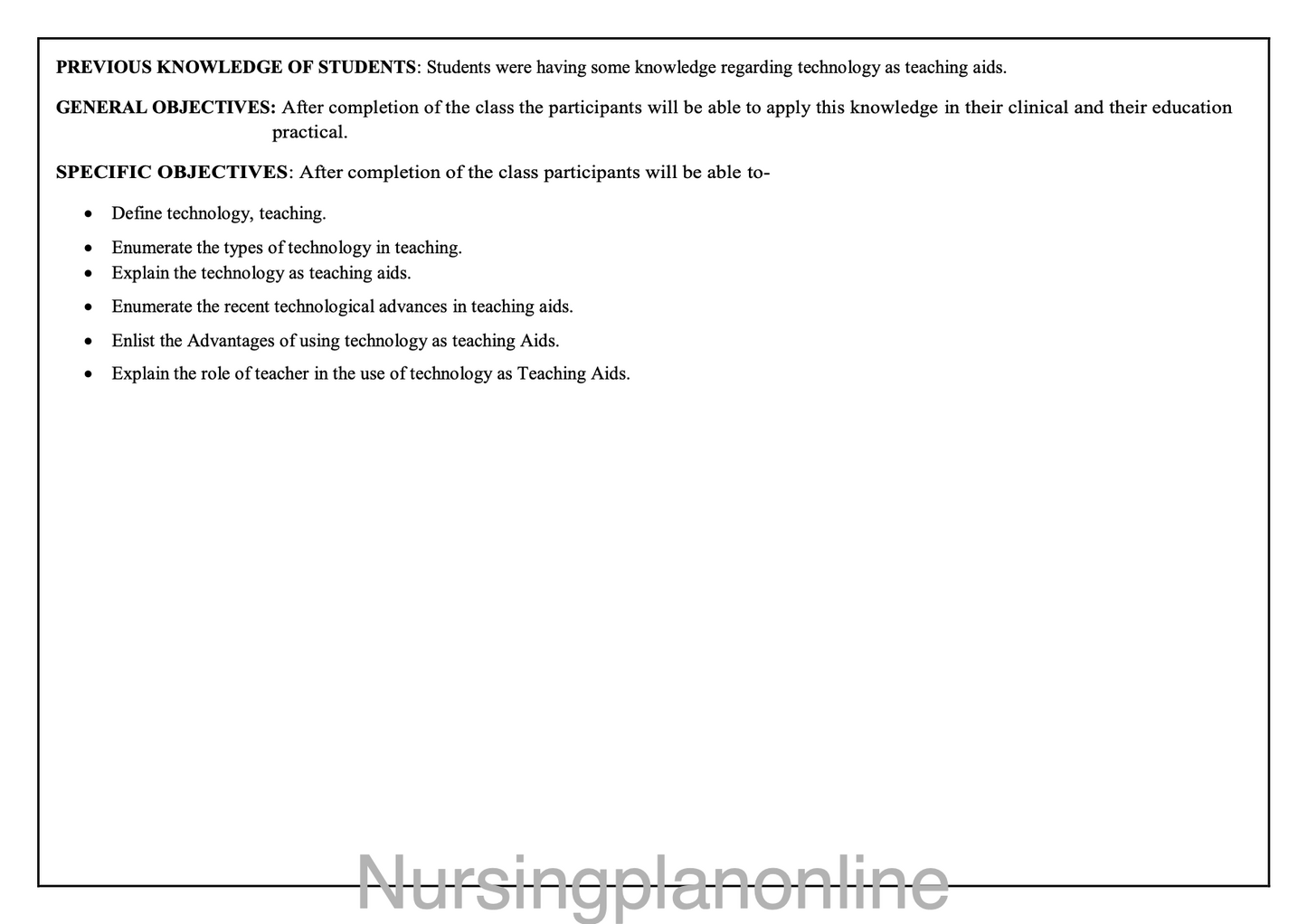 LESSON PLAN- TECHNOLOGY AS TEACHING AID