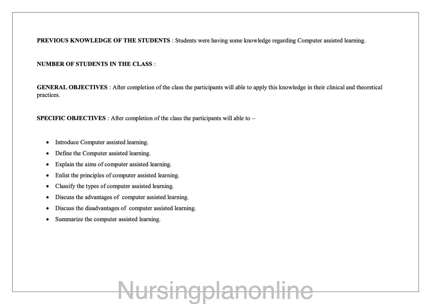 LESSON PLAN- COMPUTER ASSISTED LEARNING - Nursing Plan Online